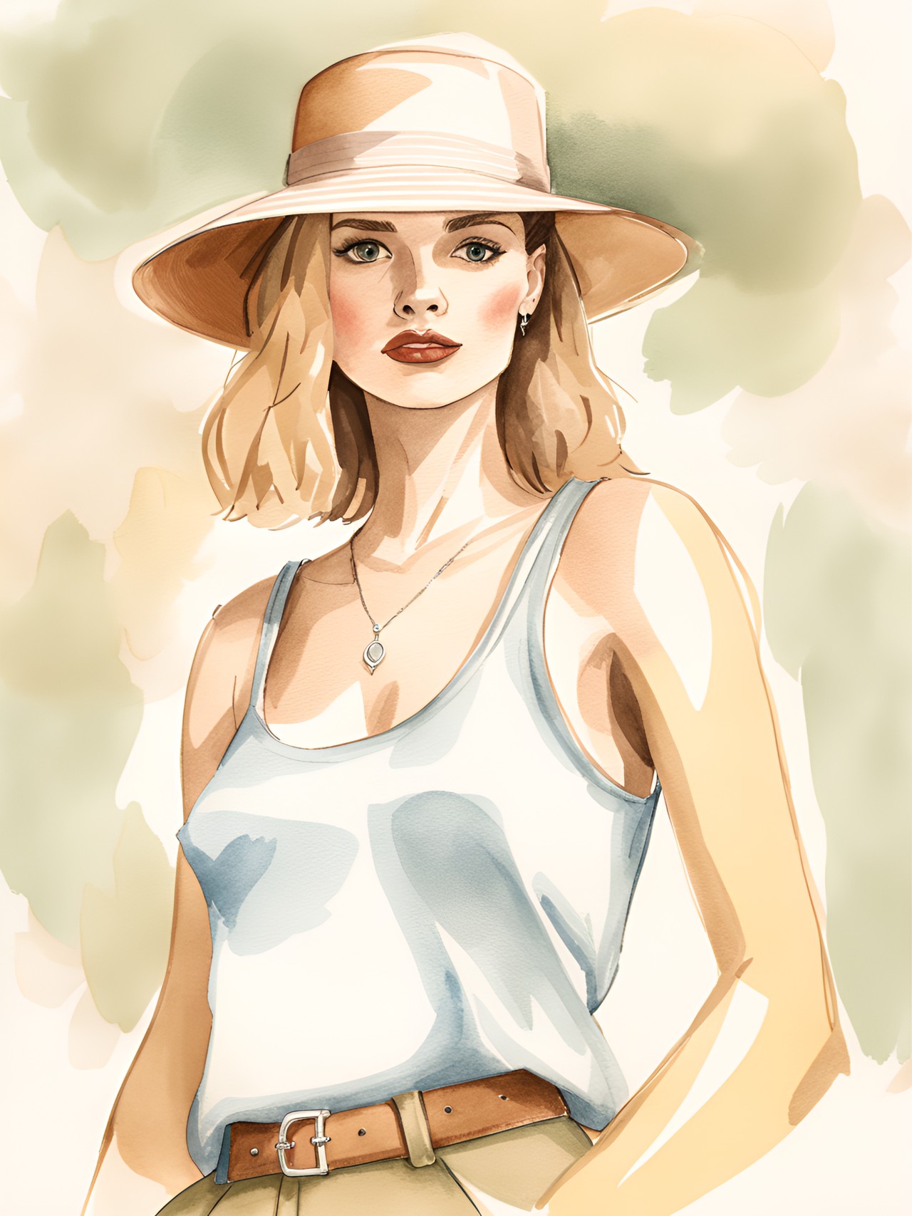 woman vintage fashion portrait sketch. y2k, early 2009s bucket hat and crop top. light watercolor background preview