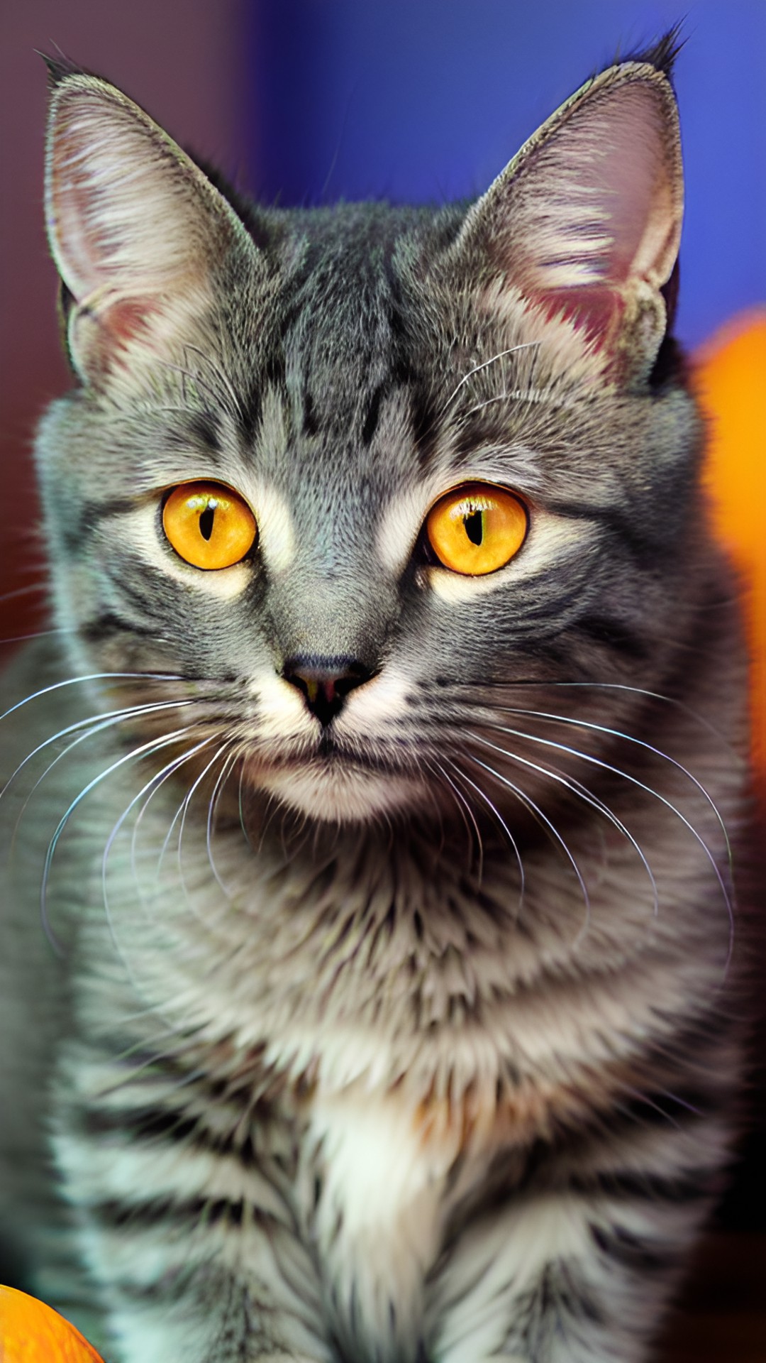 gray cat orange eyes - this gray cat has intense orange eyes that seem to almost glow. it's body is slender and lithe, and it has a long, fluffy tail. it looks like it's ready to pounce! preview