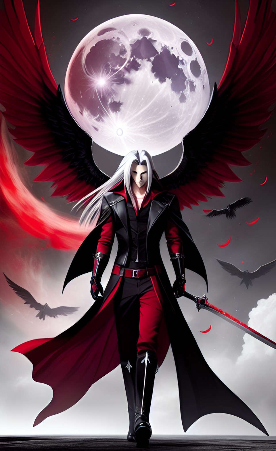 Bloodroth - red and black godlike sephiroth, gray-ash background with blood moon, black wings, red cape, black clothes with red aesthetics, red and black magical aesthetics preview