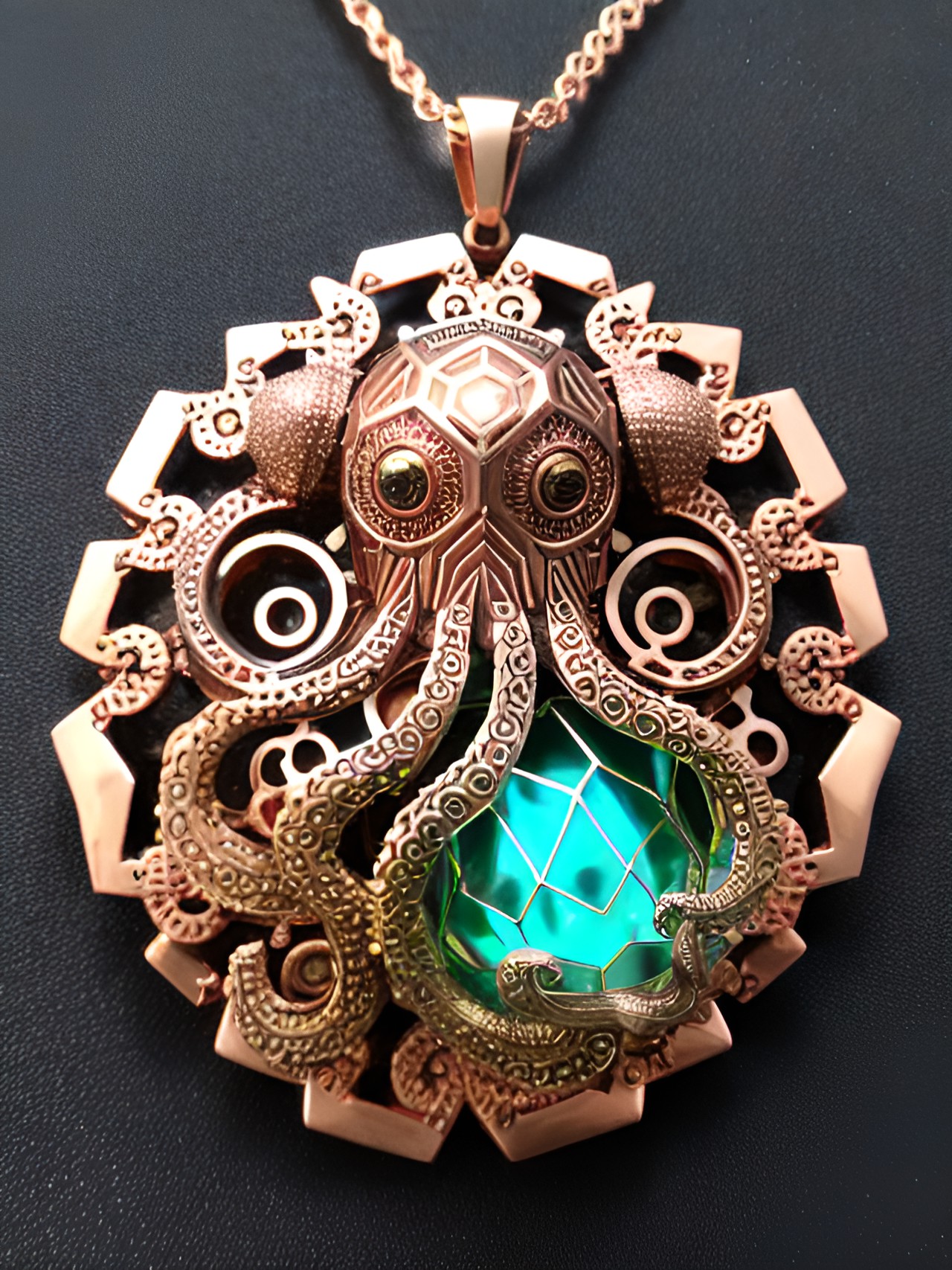 geometrical octopus pendant necklace, copper, gold, rose gold, gemstones preview