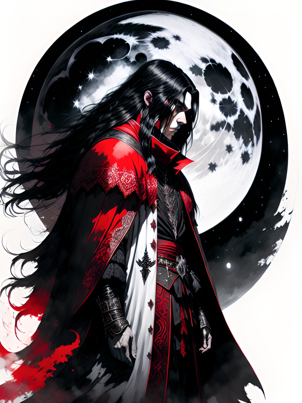 Dracula - long hair male noble vampire wearing a red long cloak and standing in front of the moon preview