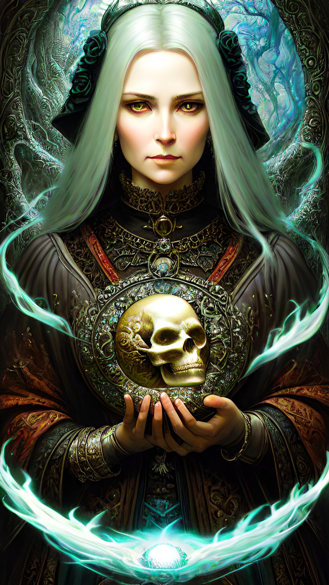 lady holding a skull in her hand, highly detailed, fantasy art preview