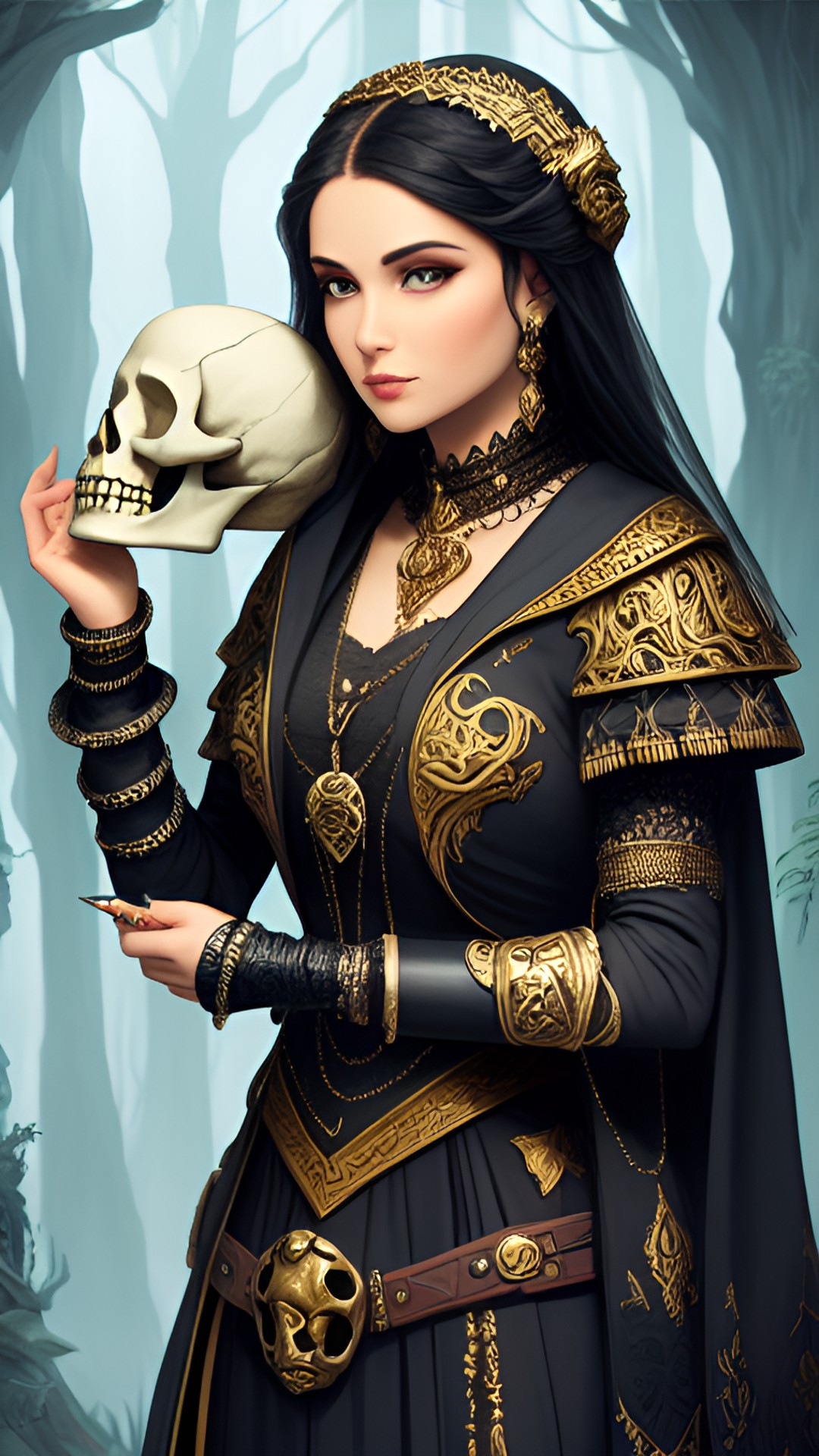 lady holding a skull in her hand, highly detailed, fantasy art preview