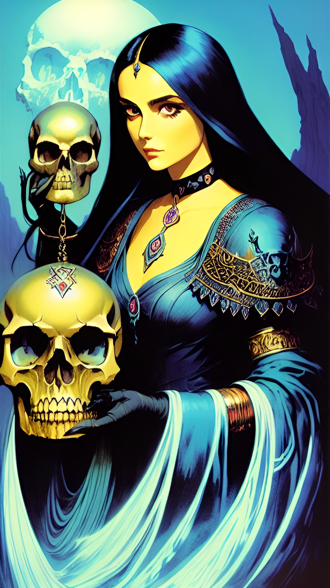 lady holding a skull in her hand, highly detailed, fantasy art preview