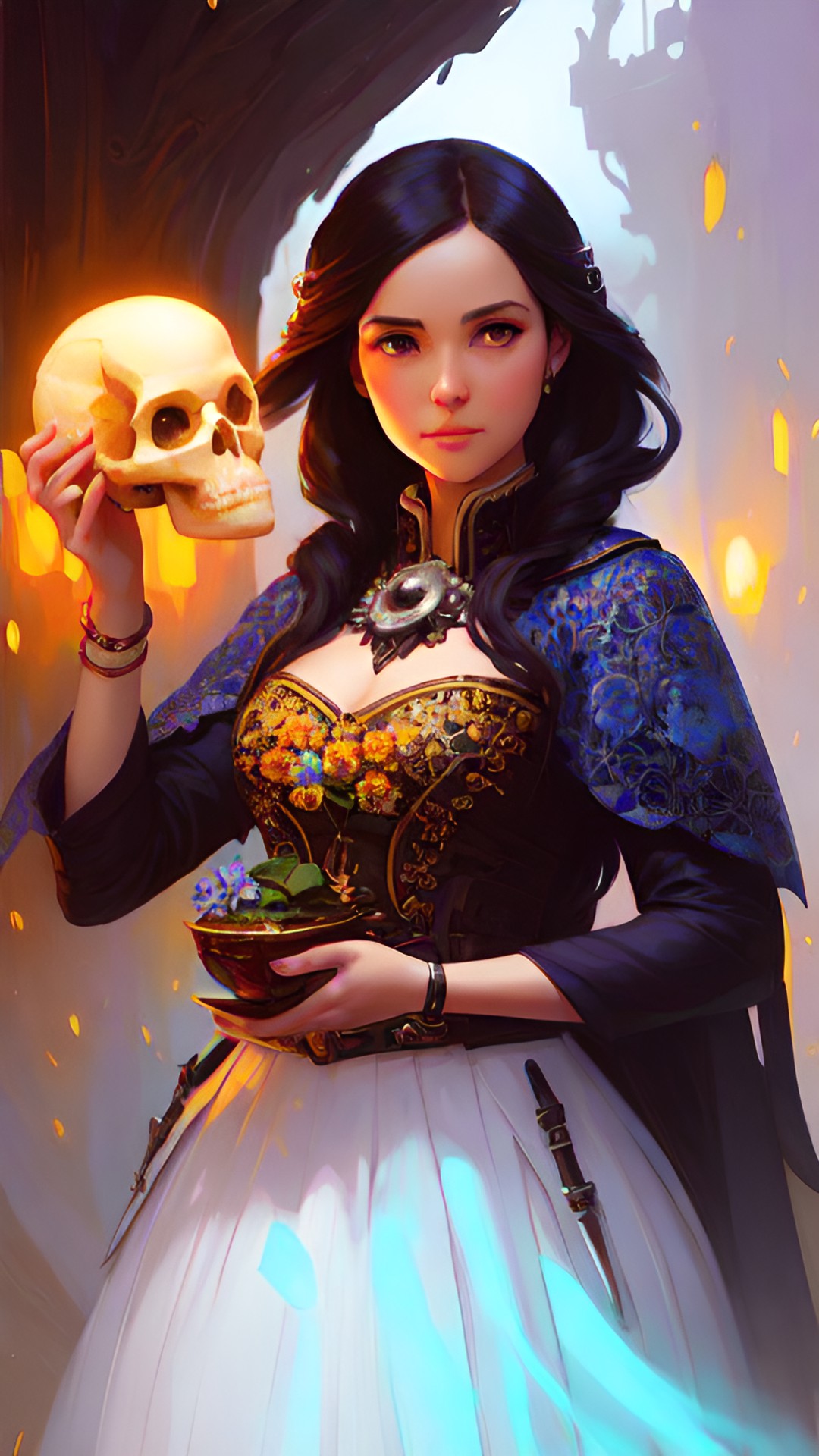 lady holding a skull in her hand, highly detailed, fantasy art preview