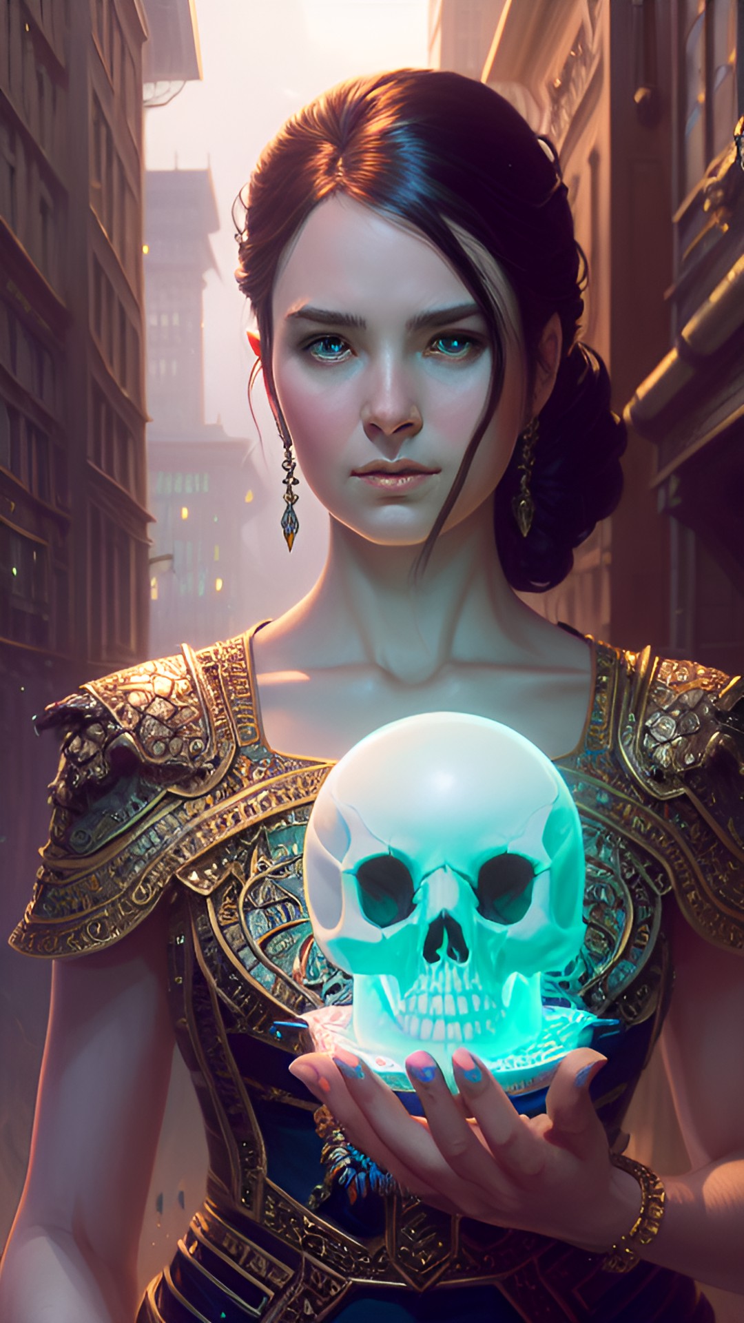 lady holding a skull in her hand, highly detailed, fantasy art preview