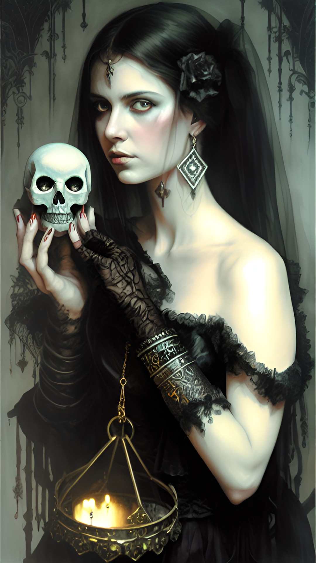 lady holding a skull in her hand, highly detailed, fantasy art preview