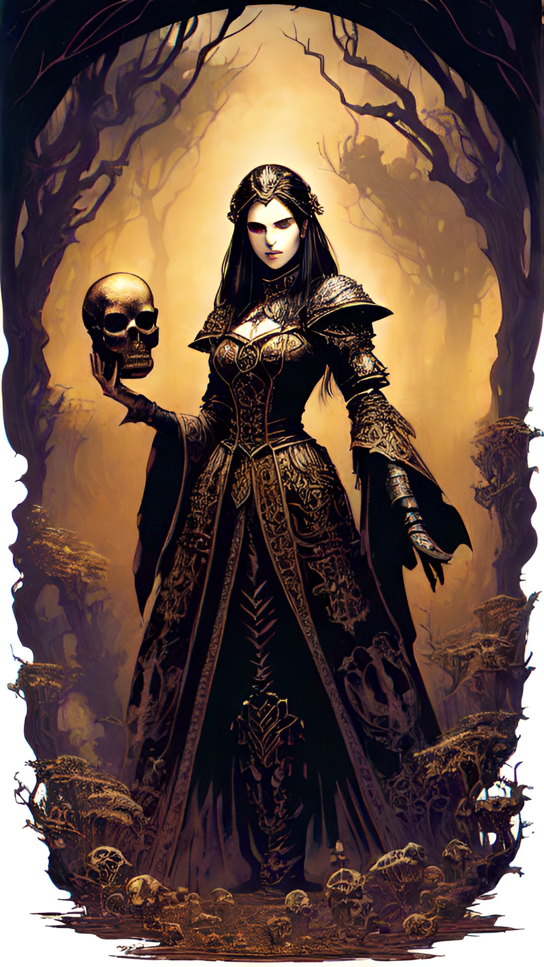 lady holding a skull in her hand, highly detailed, fantasy art preview