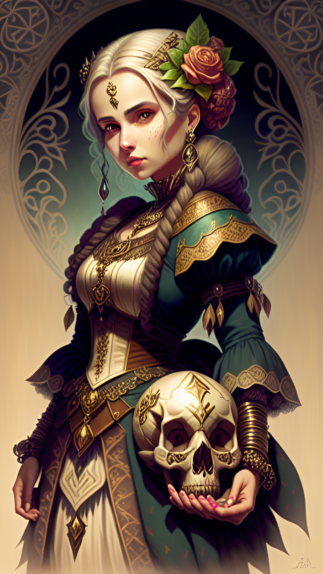 lady holding a skull in her hand, highly detailed, fantasy art preview