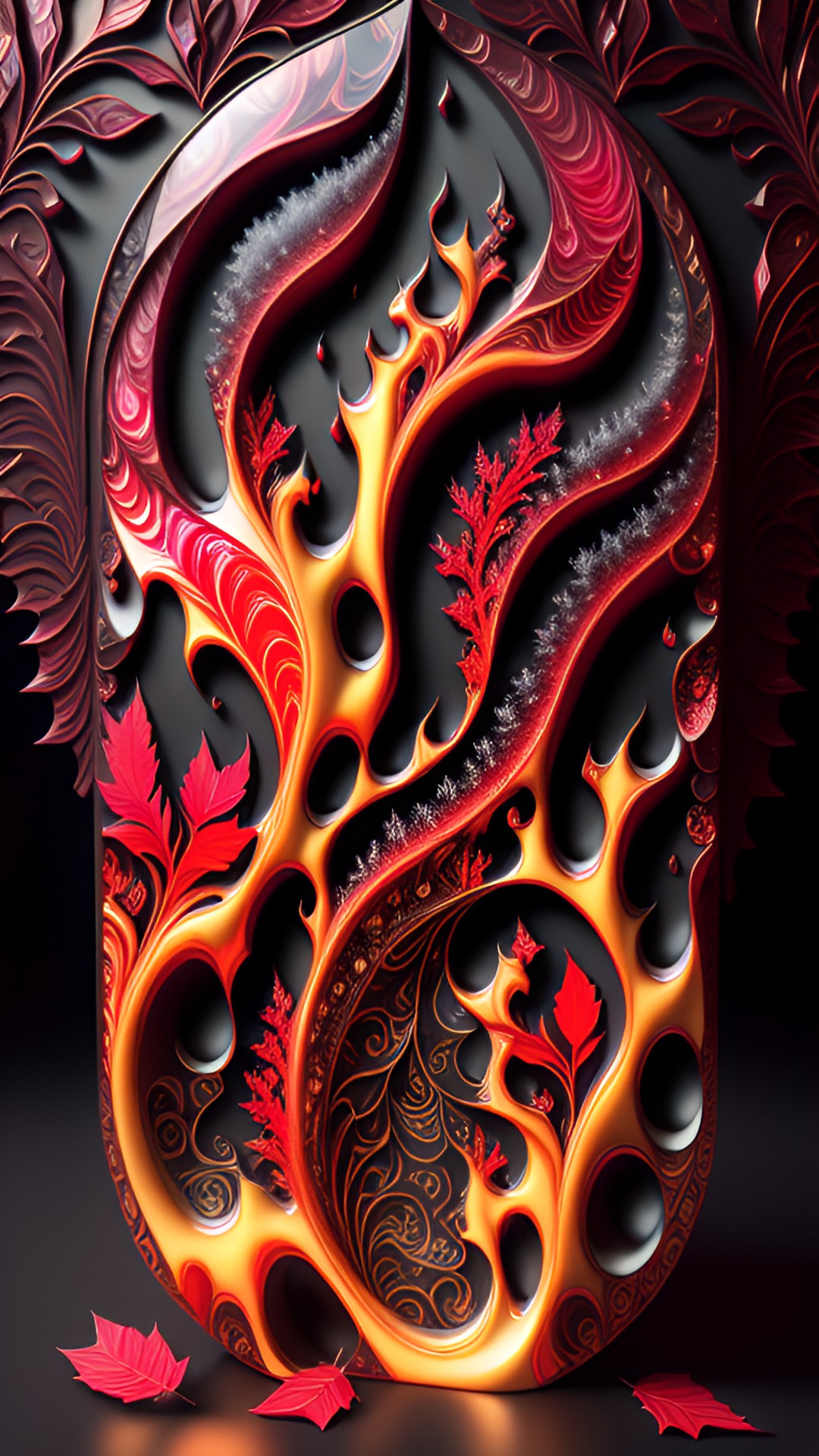 infinite fractals, bioluminesent frosted red ruby marble pattern, wood-carved leaf, platinum trim, abstract background, ultra high definition resolution, hyperrealistic details, extreme details, hdr preview