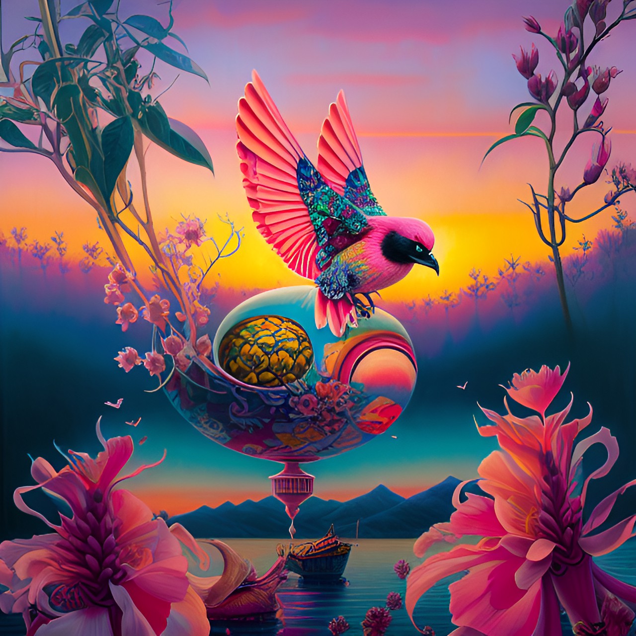 Pink bird sunset - pink sunset preview