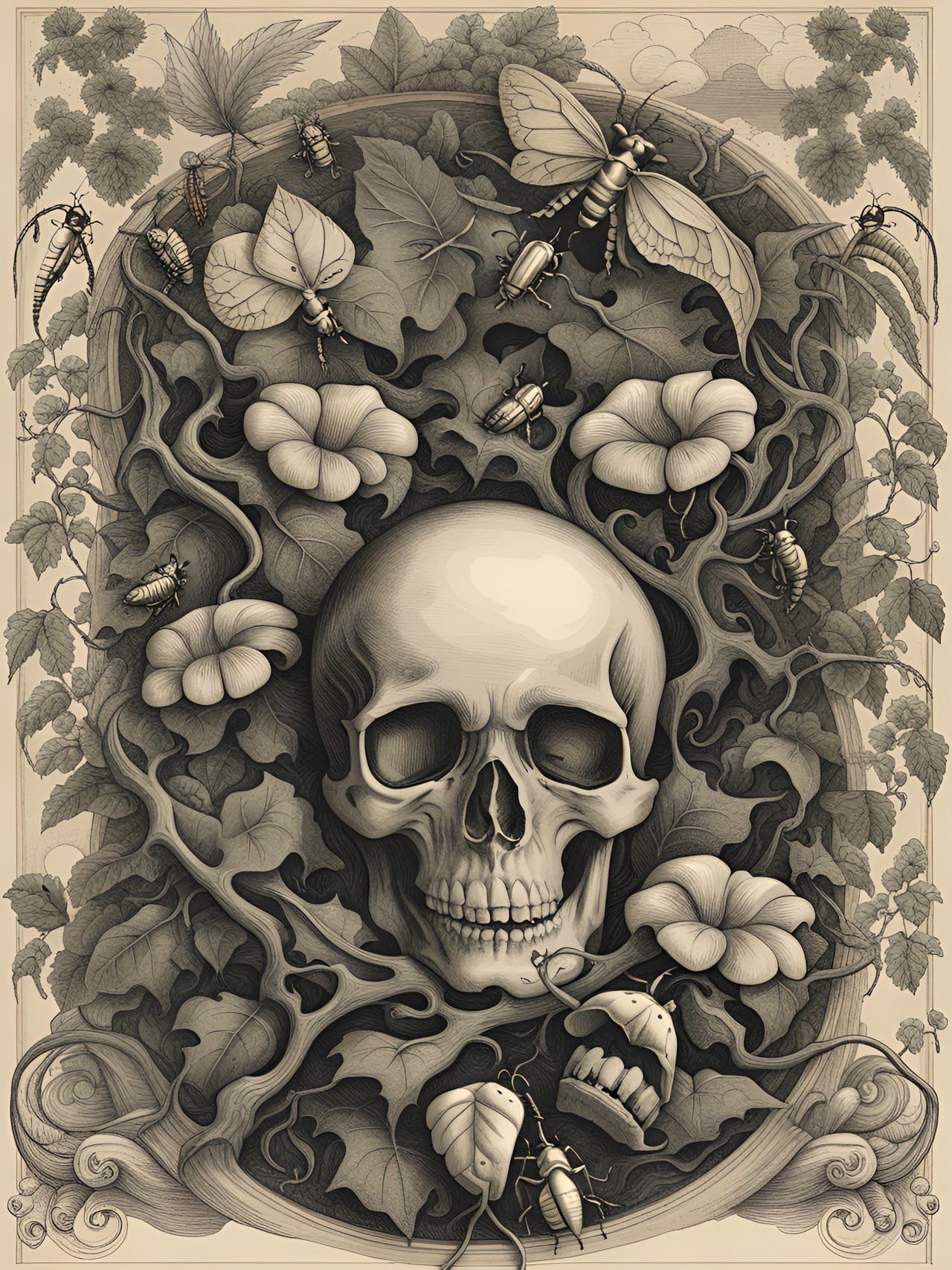 memento mori, skull, bones, overgrown in vines and vegetation, a few insects lingering preview