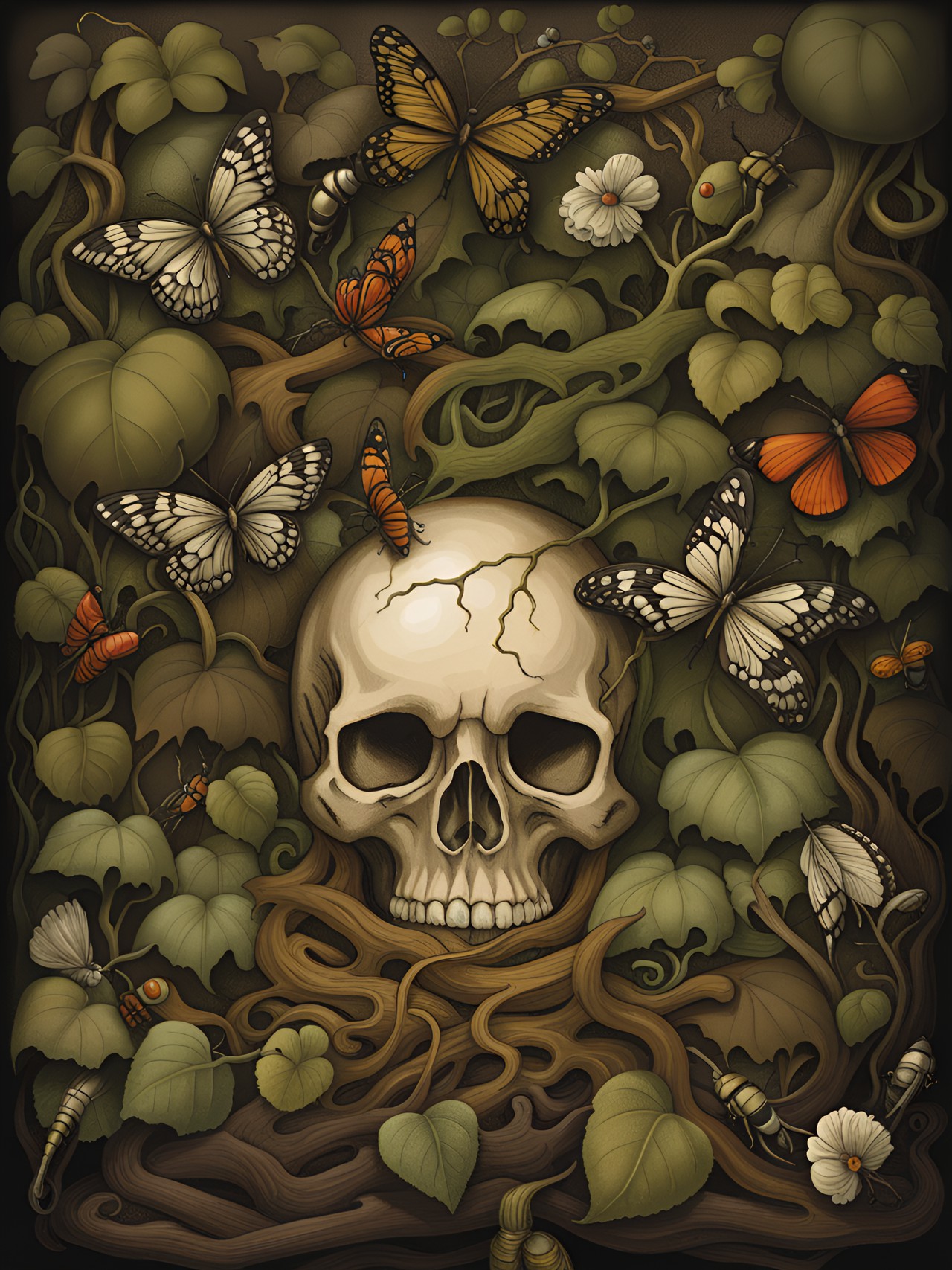 memento mori, skull half-buried in the dirt and scattered bones, overgrown in vines and vegetation, a few insects lingering preview