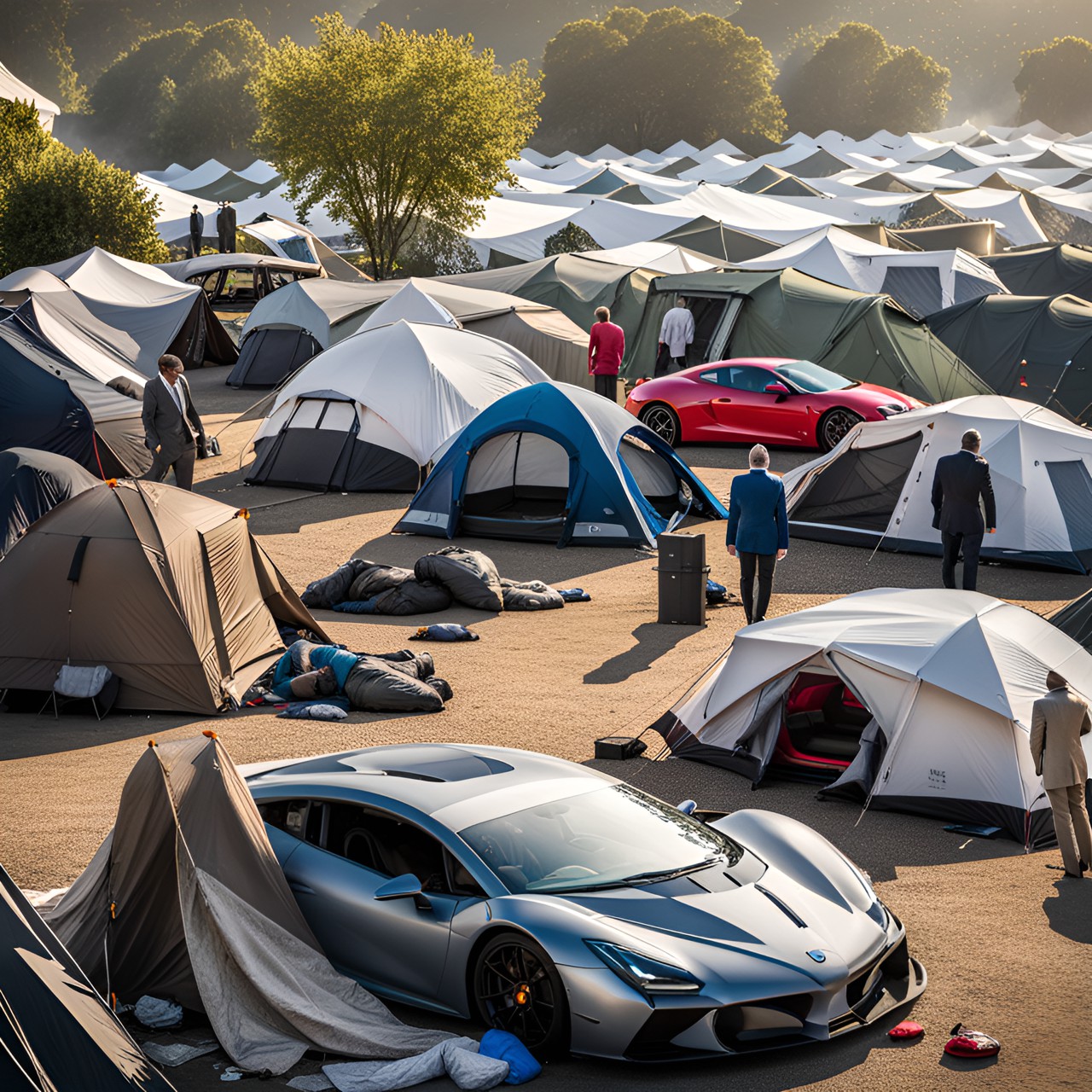 billionaire messy homeless encampment , mercedes , bmw, porsche, ferraris parked next to tents ; lots of billionaires walking around in worn out suits and tux preview