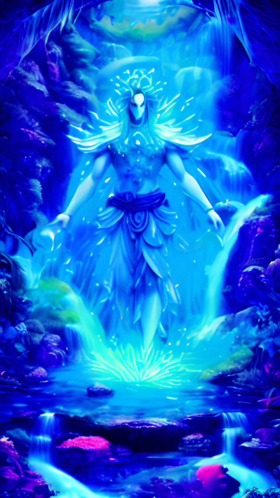 Water god - water god - a water god with a blue and white aura, surrounded by waterfalls and fish. preview