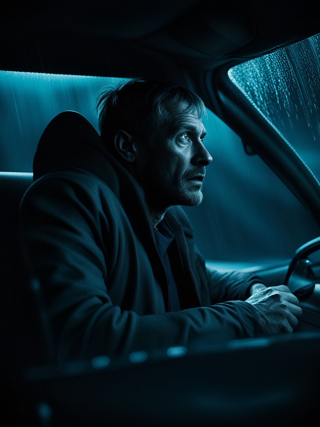 a man in a car who looks scared, in the style of poured, dark and ominous, hikecore, soggy, emotionally charged scenes, bioluminescence preview