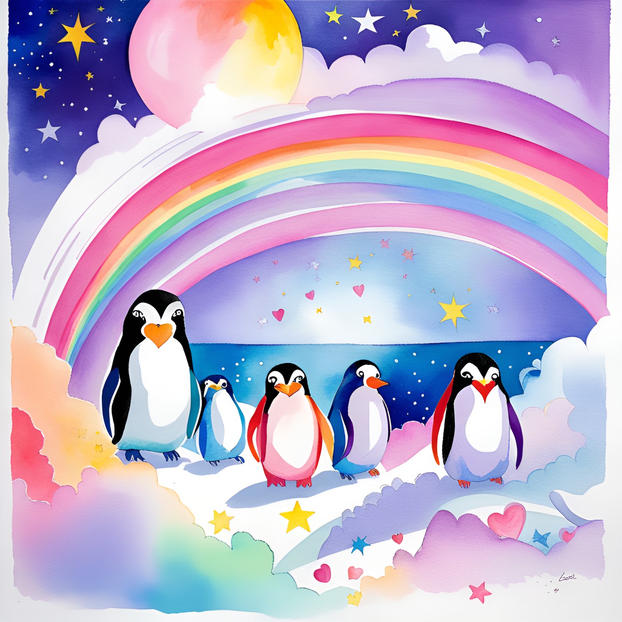 penguins, rainbow, stars, moon, hearts preview