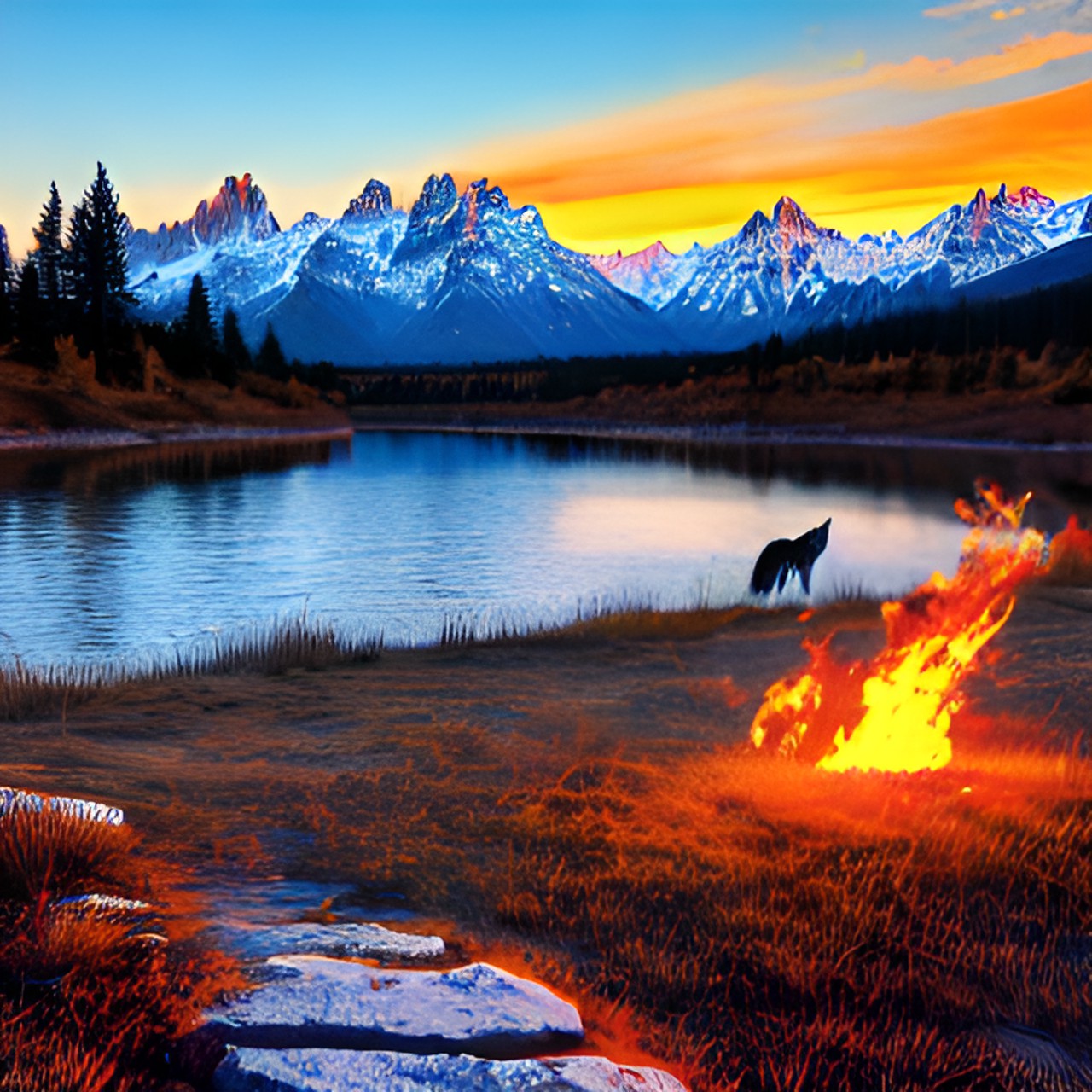 wild wolf, full moon ,mountains on fire.forrests.in the for ground a lake preview
