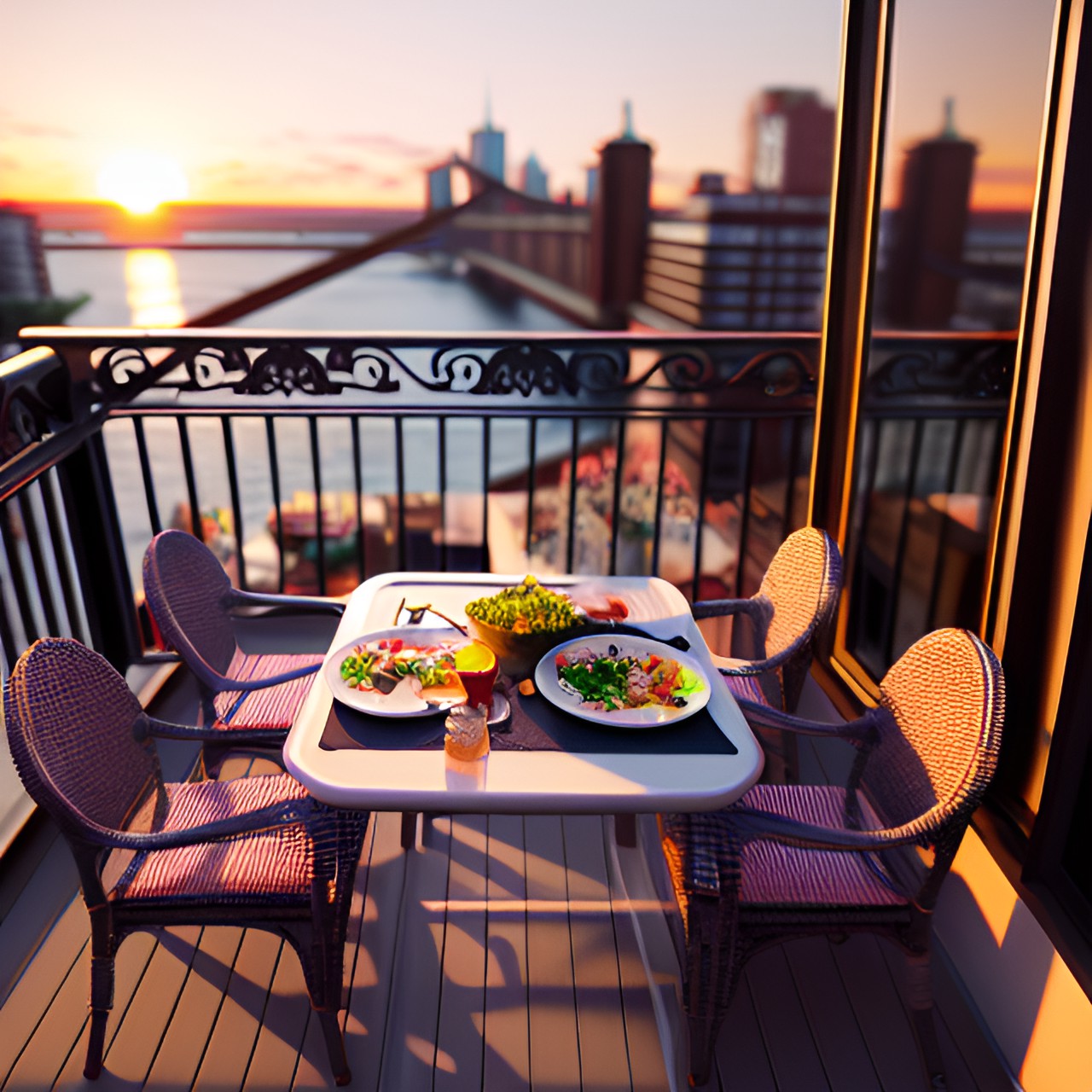 dinner on the balcony in brooklyn at sunset greg rutkovski trending on artstation preview