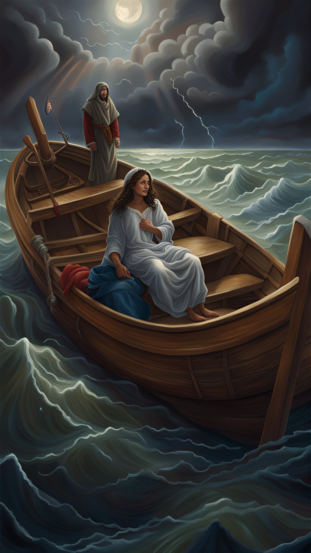 a lady in a boat with jesus, jesus is in the boat asleep, during a storm, highly detailed, fantasy art preview