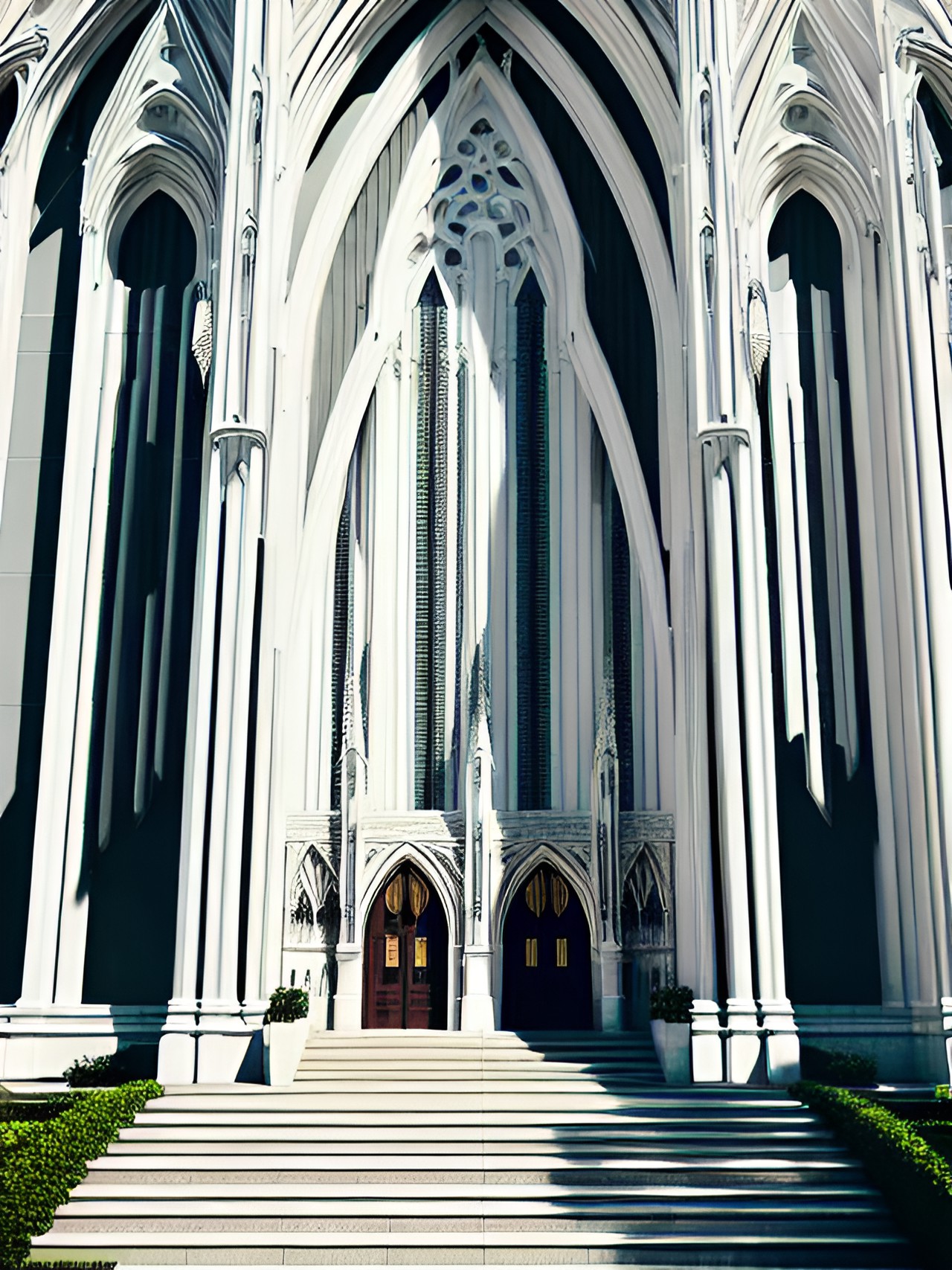 a tall white flowing cathedral exterior facade. with grounds surrounding preview