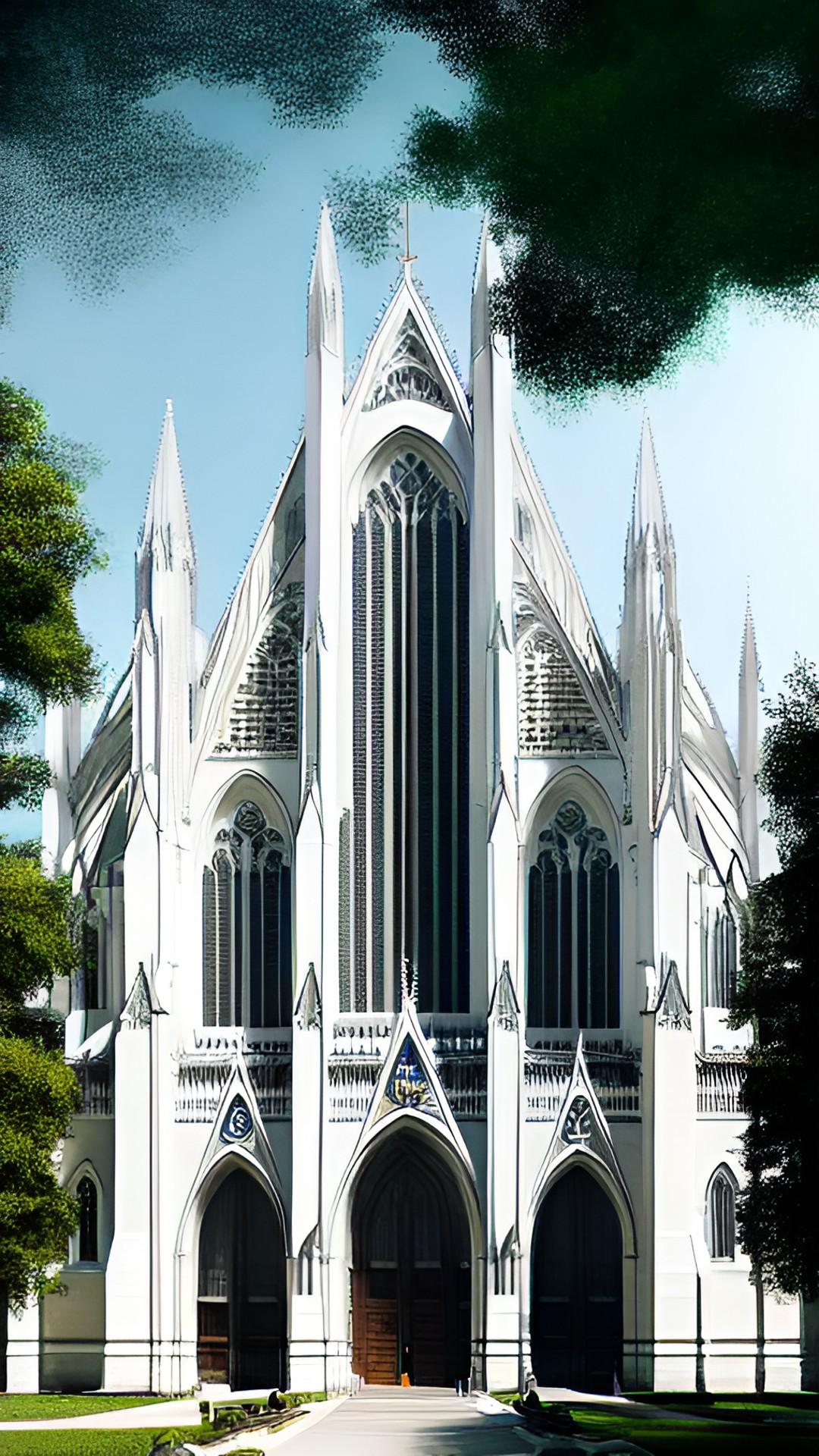 a tall white flowing cathedral exterior facade. with grounds surrounding preview