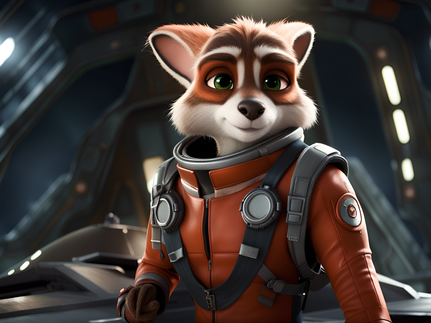 ace of fox - zootropolis space fighter pilot on hangar get into space fighter,digital still,silver rust red blue accent, ultra detailed, dark cartoon scene$colors ,chromatic aberration $ preview