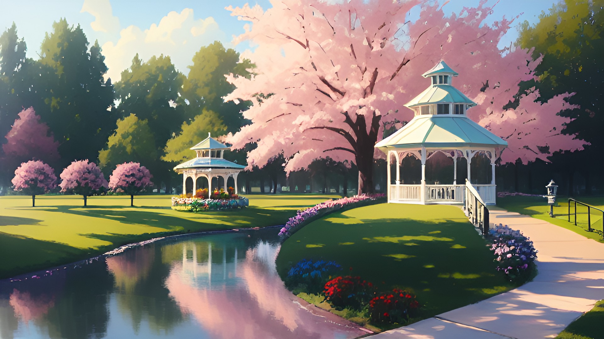 Lake Park - lake park gazebo with flowers and trees. preview