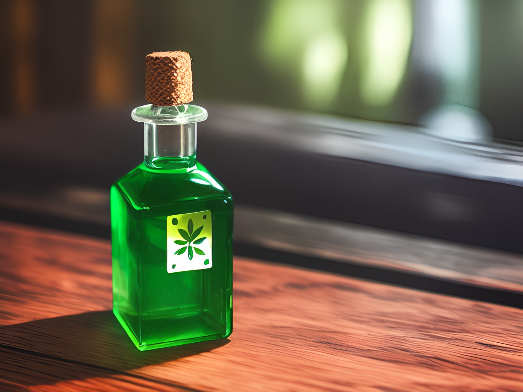 a small green vial of liquid on a wooden table, in a fantasy setting preview