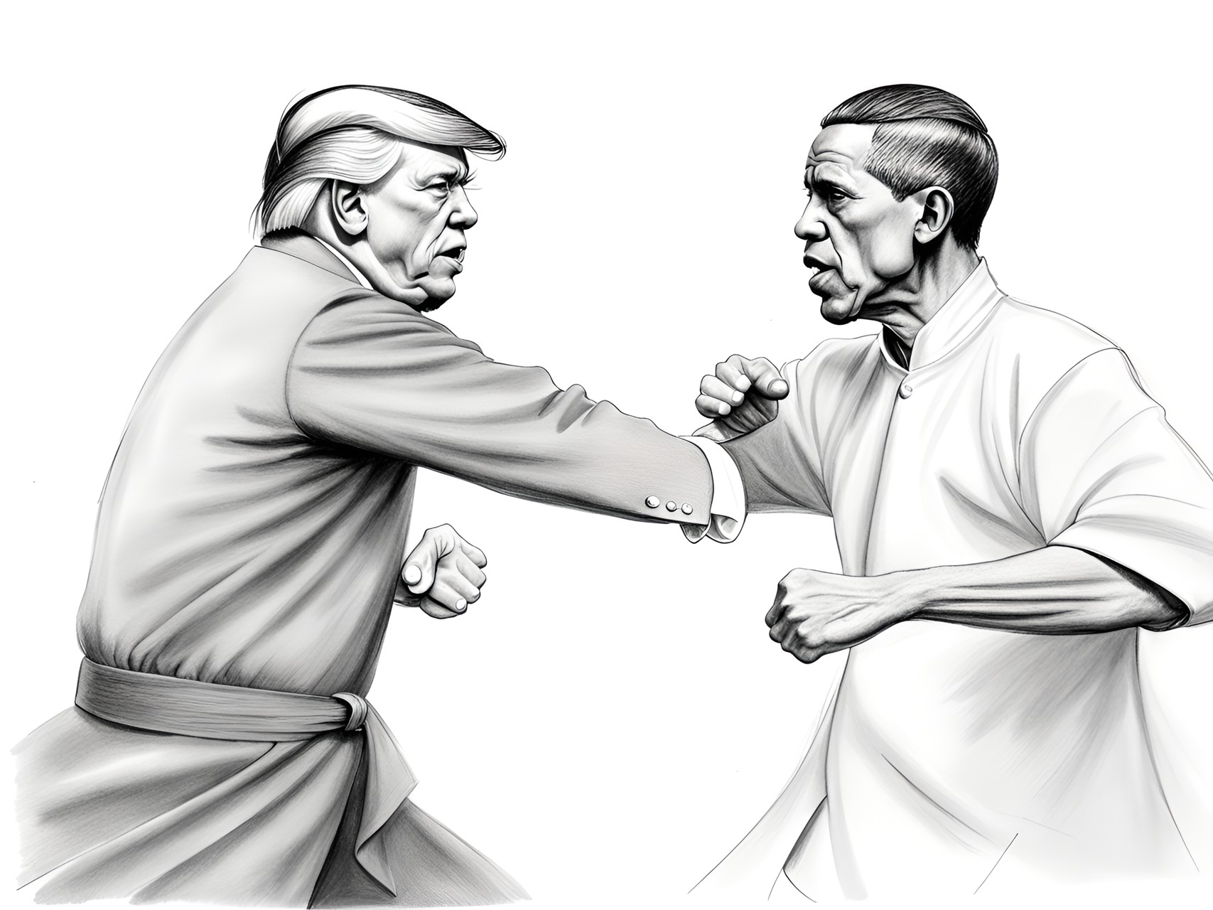 a tense kung fu altercation pencil sketch drawing, obama versus trump preview