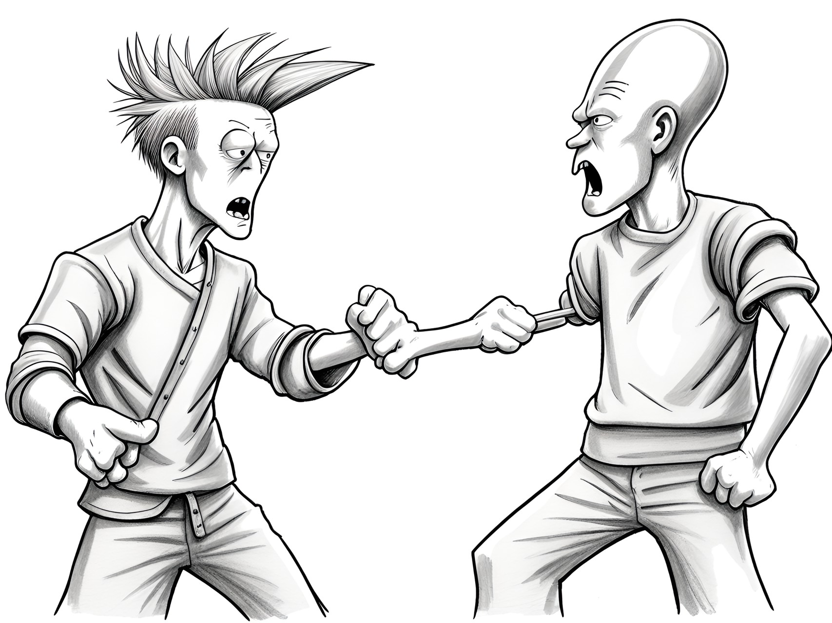 a tense kung fu altercation pencil sketch drawing, beavis versus butthead preview