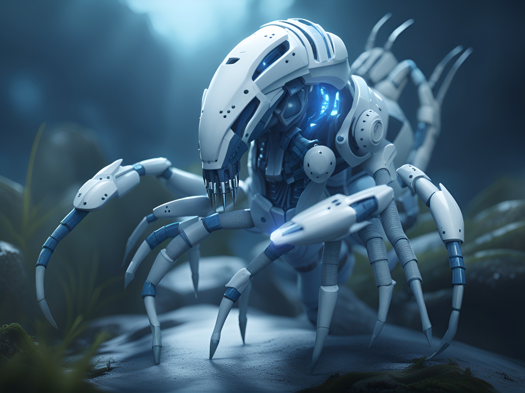 bluewhite biomechanical humanoid inspired by the shrimp, extremely complex and augmented,armed with a small handgun, swamp landscape, volumetric light, 8k octane render, character art preview