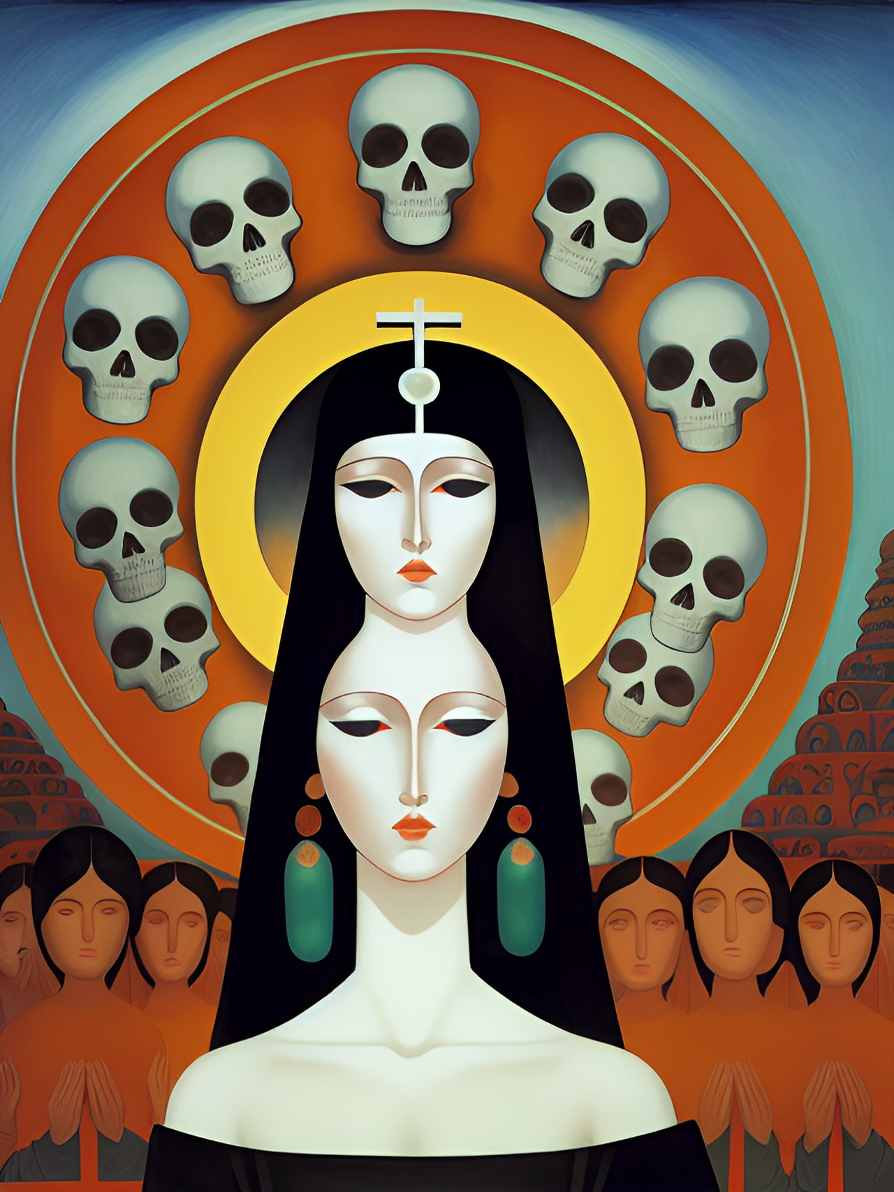 strange religious cult with a sacred oracle worshipping floating human skulls all hovering all around her by grant wood, amedeo modigliani georgia o'keeffe & margaret keane preview