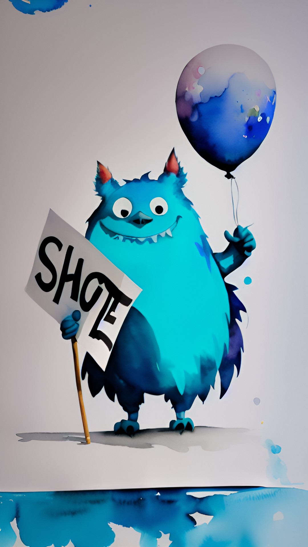 happy monster 2 - create an image of a blue monster holding a sign and a balloon. preview