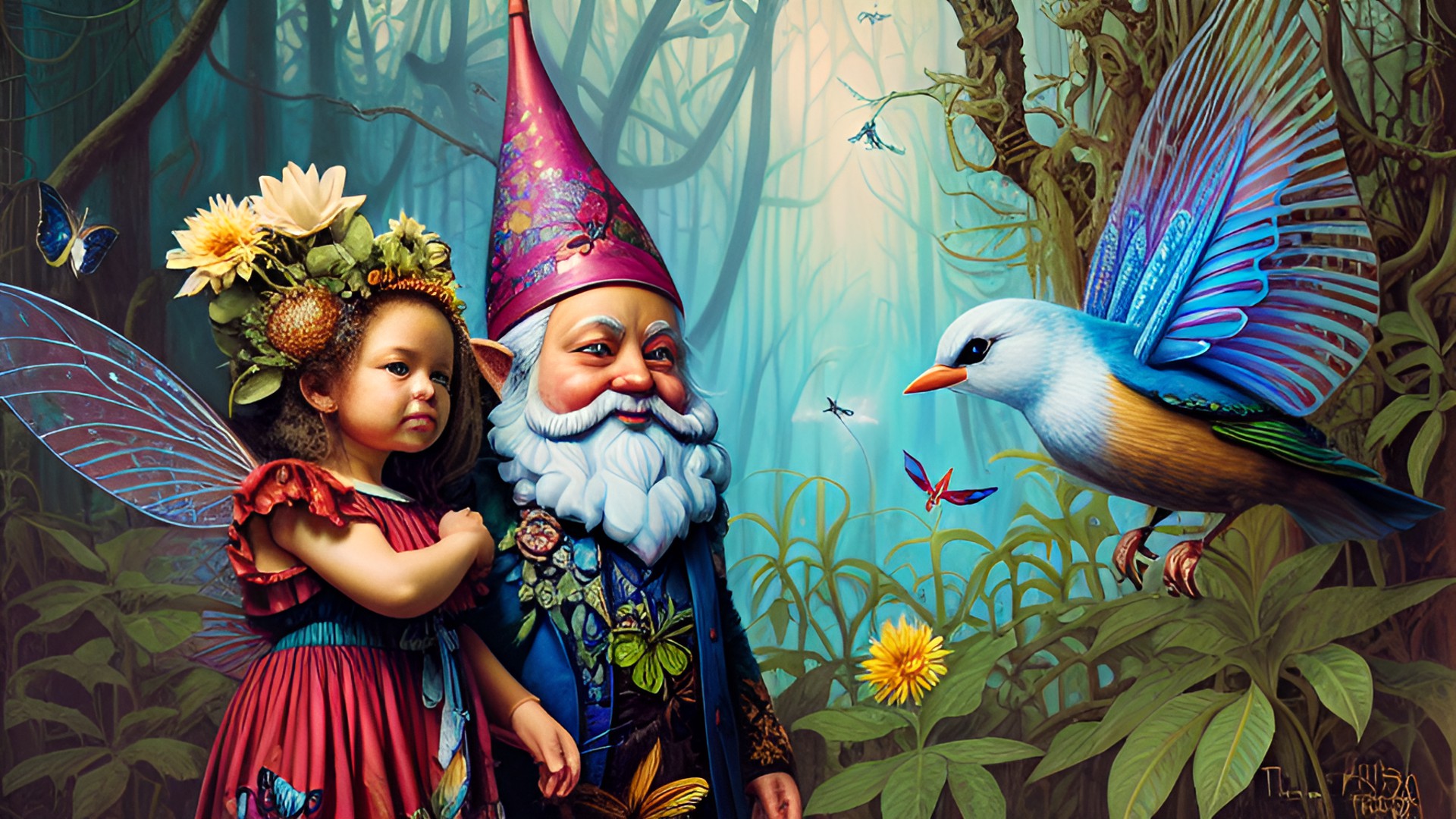 close up of gnome and winged fairy in a forest preview