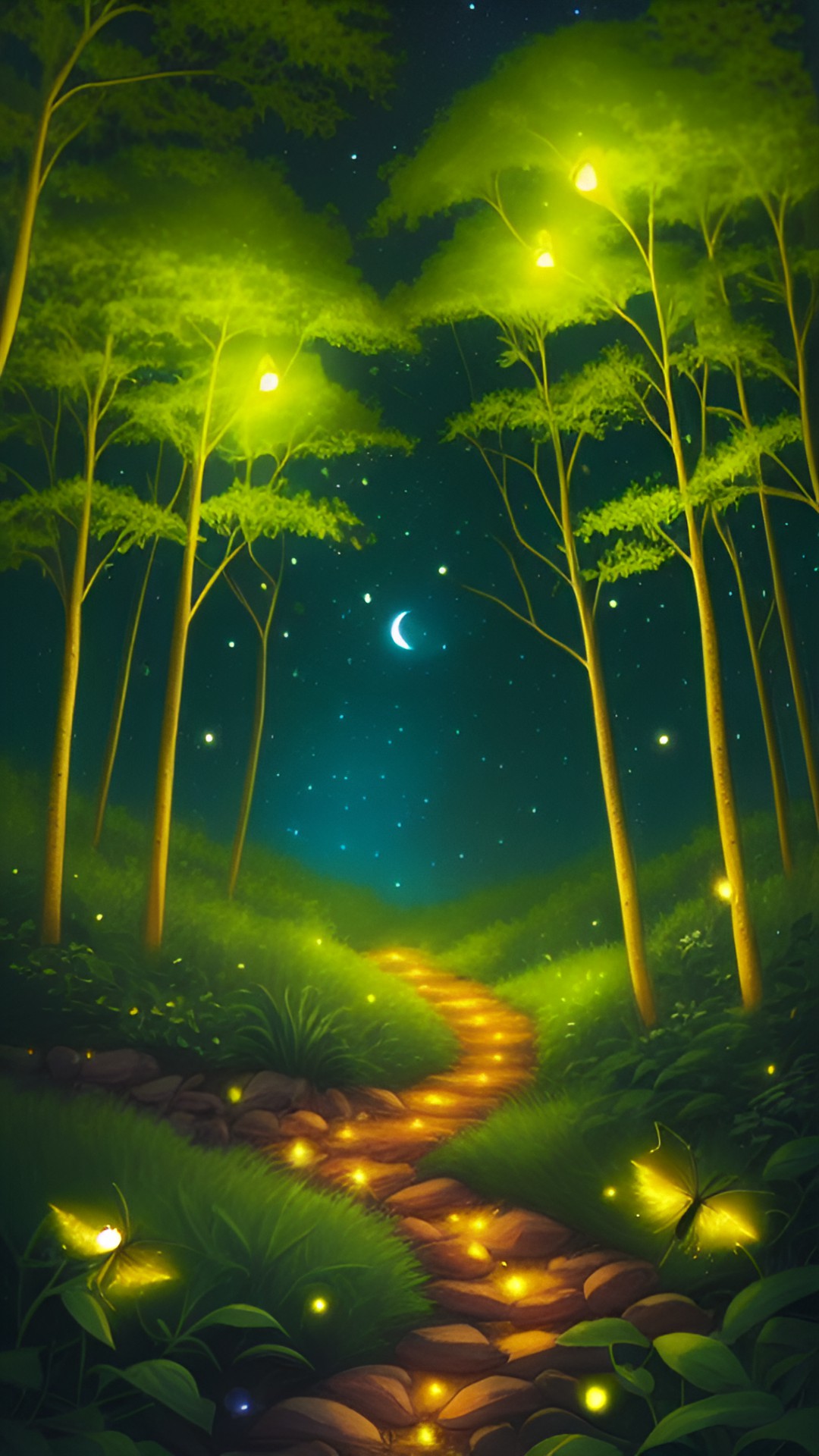 fireflies in a forest clearing. midnight, crescent moon. fantasy. magical. preview