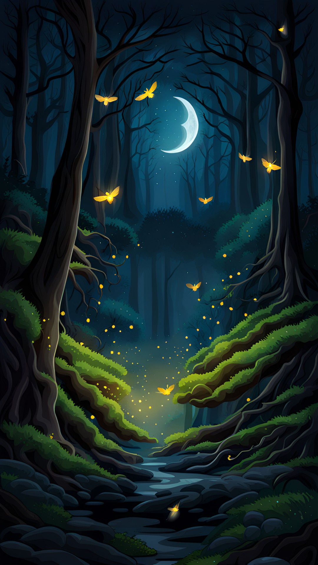 fireflies in a forest clearing. midnight, crescent moon. fantasy. magical. preview