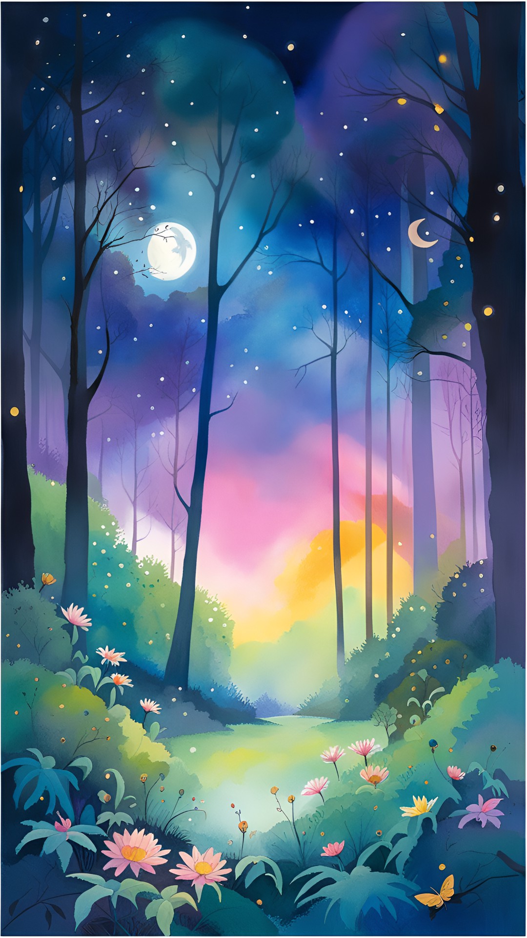 fireflies in a forest clearing. midnight, crescent moon. fantasy. magical. preview