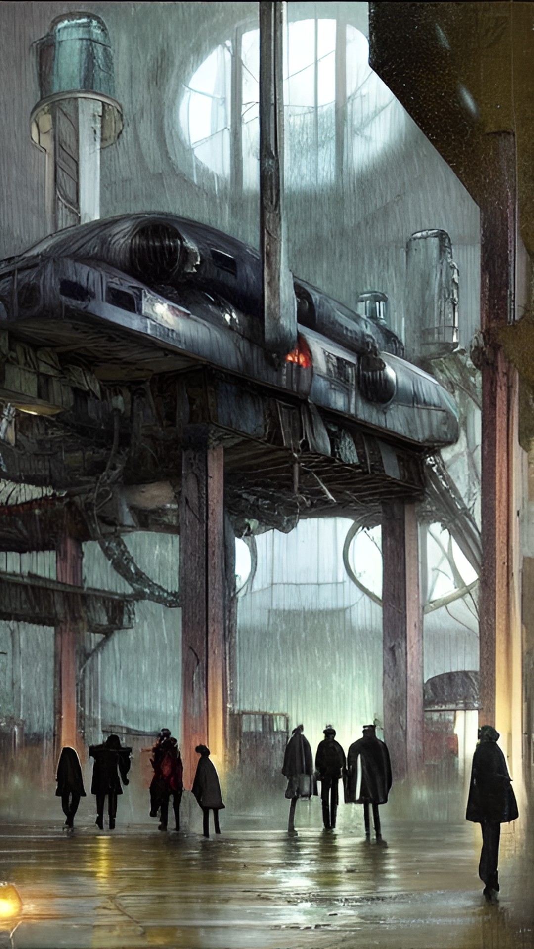 Rainy Spaceport - customs line at exoplanet spaceport in the rain preview