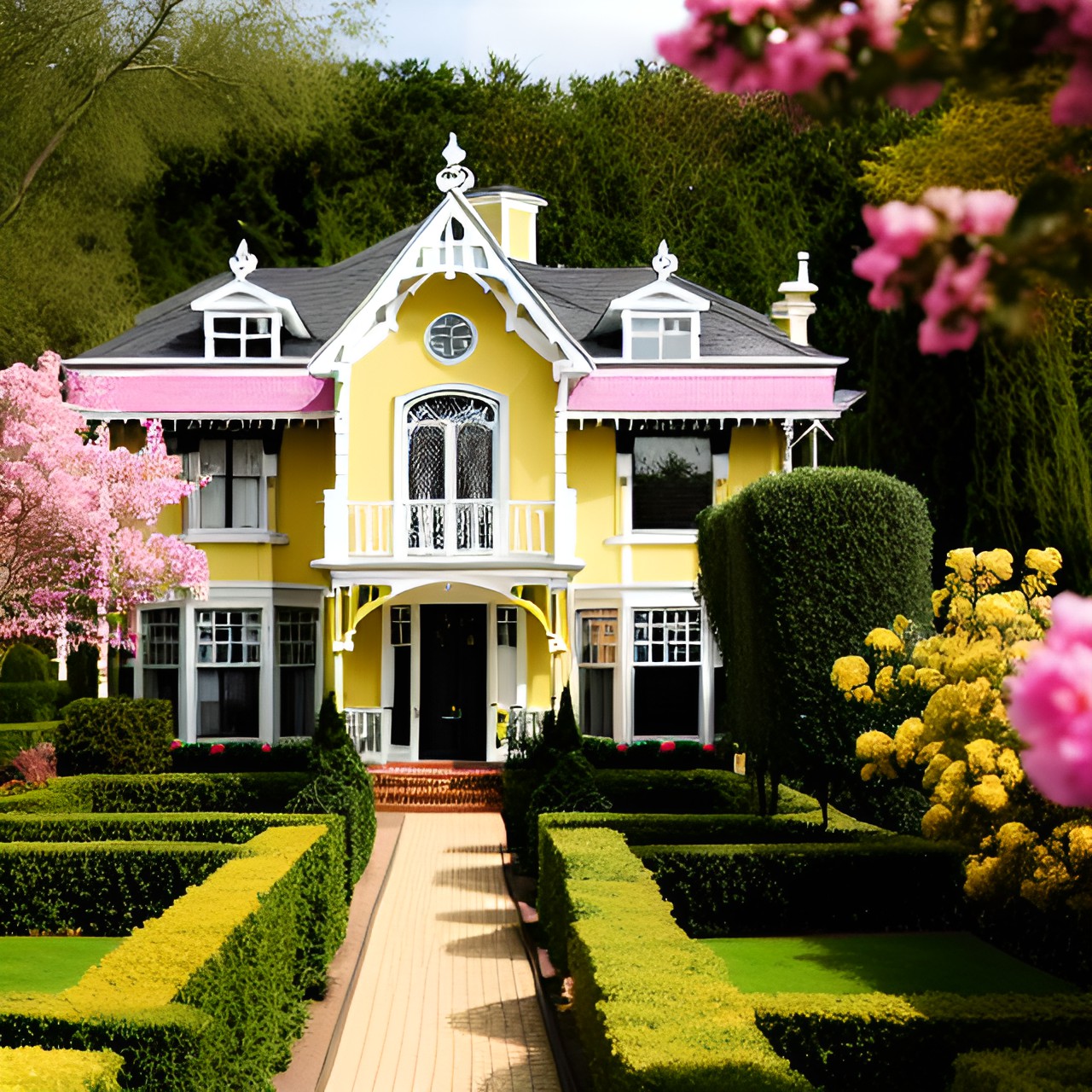 a yellow with white trim and pink roof victorian style home surrounded by flower gardens, manicured shrubs, a garden maze preview