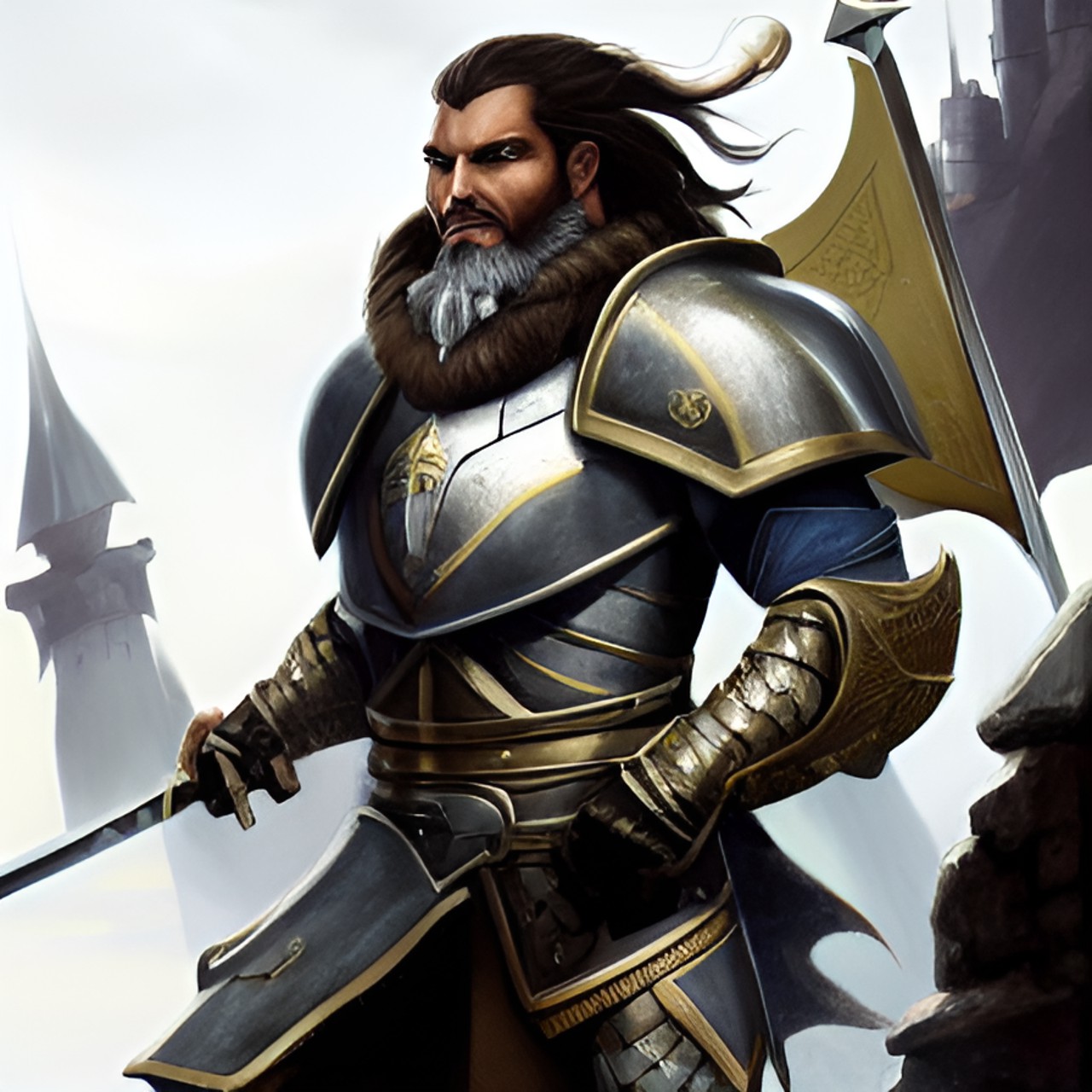 Boltyn - light warrior knight in silver armor with gold trim, wielding a sword in one hand and a shield in the other. defending a castle preview