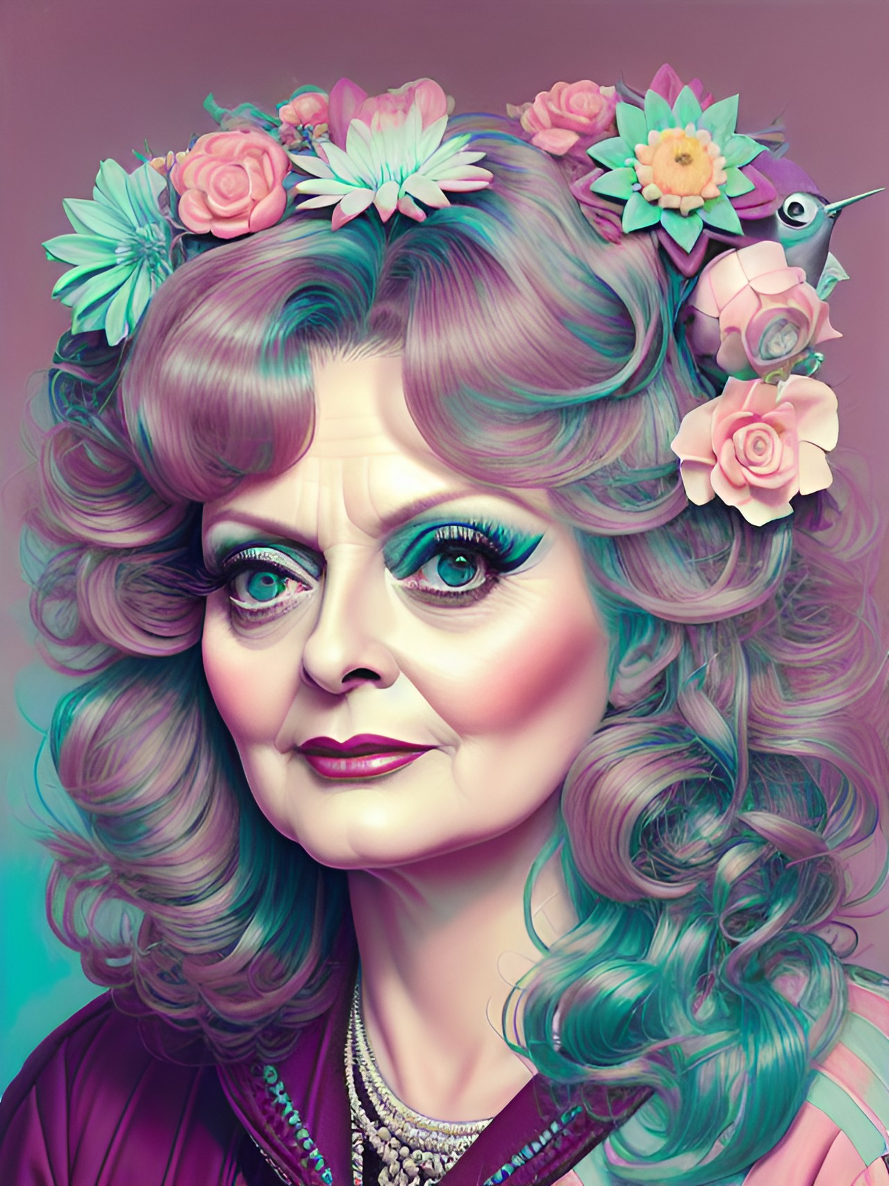 susan sarandon, cartoon style, dreamlike, weird, surreal, creepy cute, pop culture references, colorful pastel, trevor brown, audrey kawasaki, mark ryden, miss van, natalie shau, contemporary art, detailed, focus preview