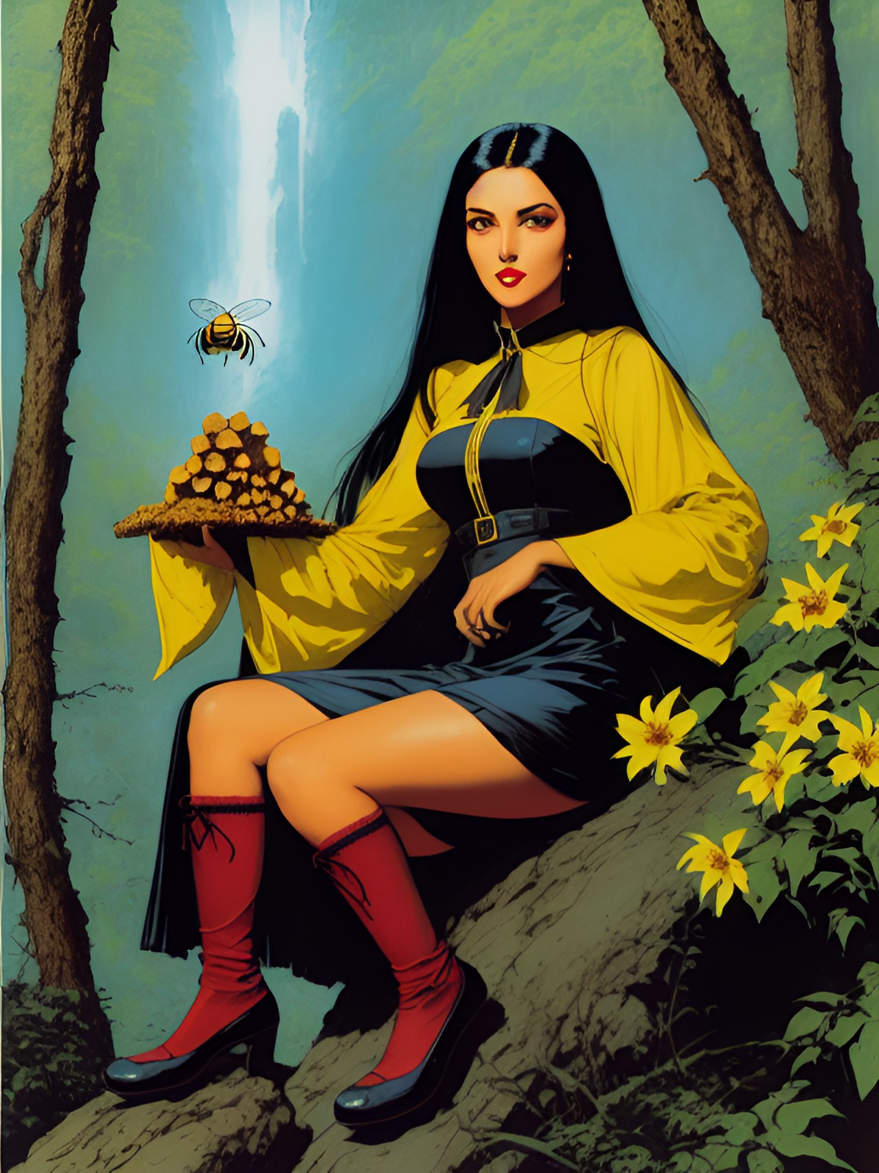 woman sitting on a rock in the woods holding a bee hive with long black hair yellow eyes and red lips preview