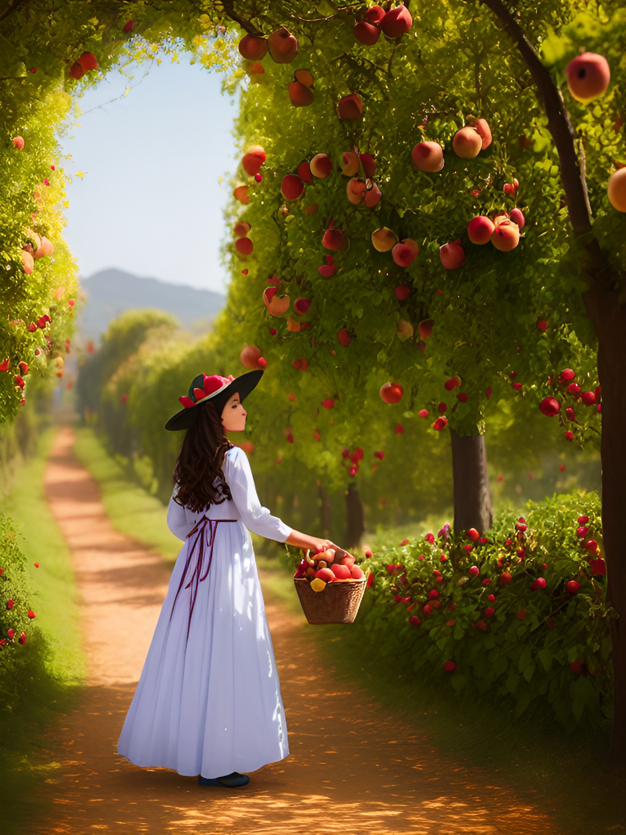 hermosa niña con un canasto recogiendo manzanas de un árbol, en un camino sinuoso, muy colorida y detallada fotografía, estilo velásquez, 4 k preview