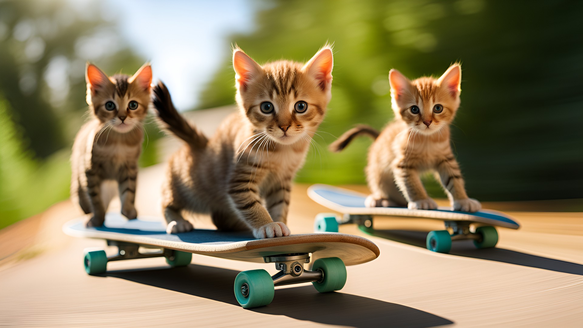 kittens on skateboards on a country road, highly detailed, ultra wide angle lense preview