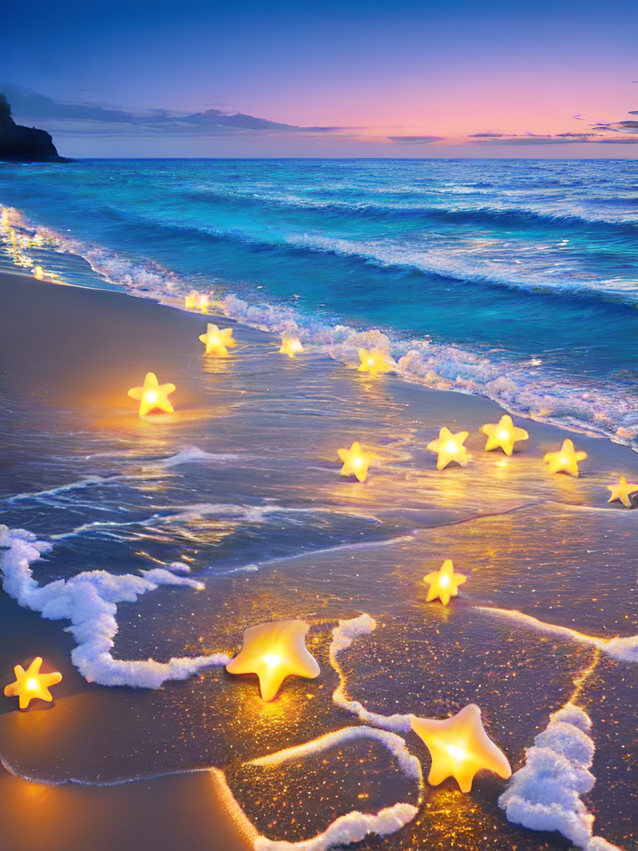 a magical ocean side, night, seashells, fairy lights. preview