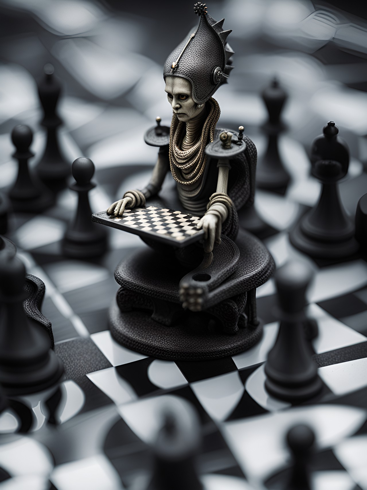 Queen rule the board - single over detailed chess miniature tilt shift ,by hr. giger preview