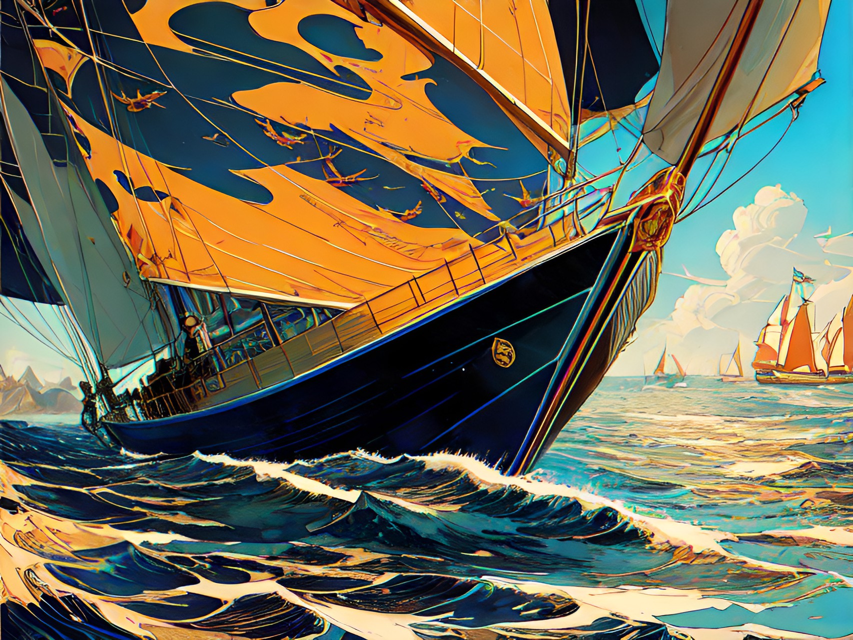 sailing bay by michael william kaluta & victto ngai ,close up to captain portrait,dark scene preview