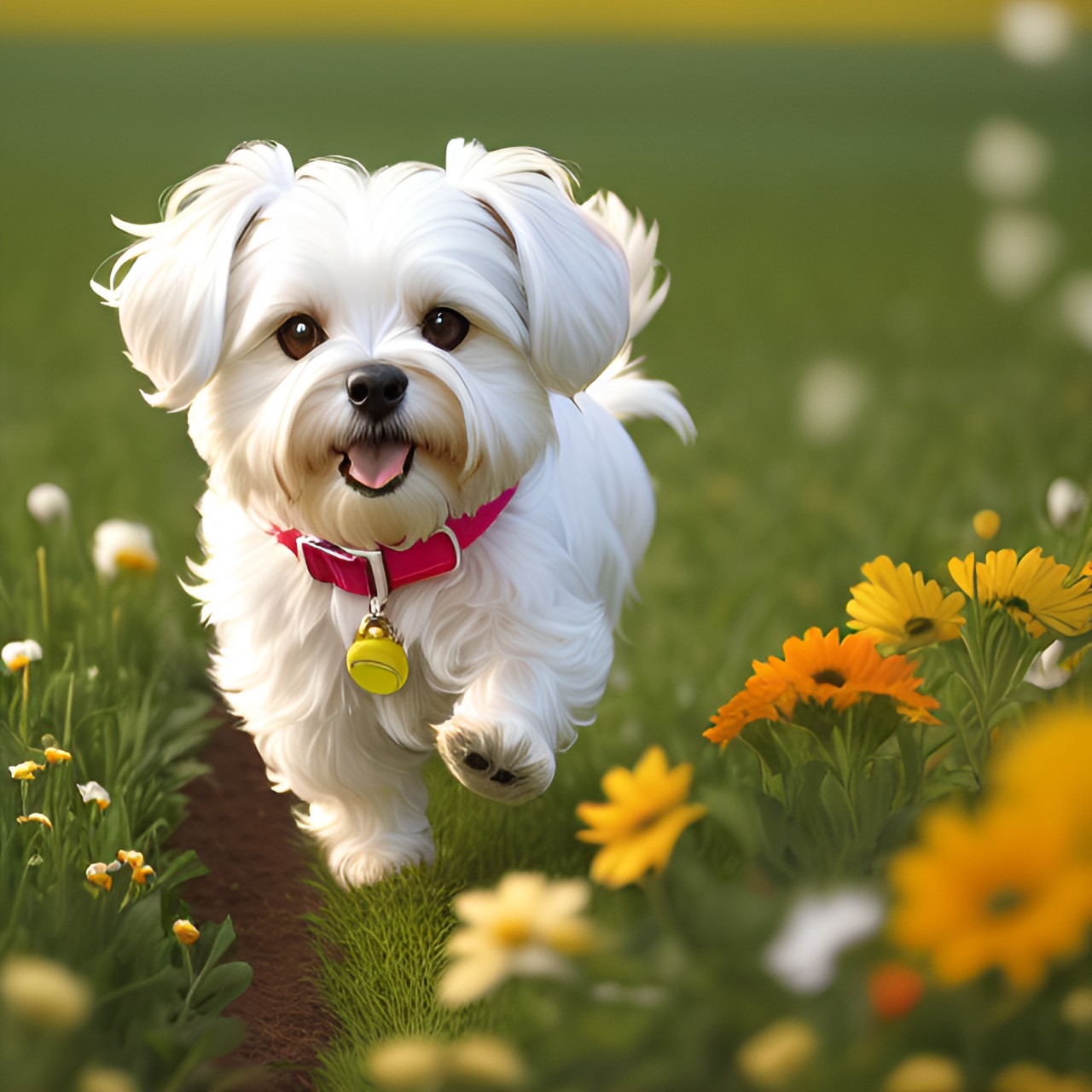 maltese dog running in the field with flowers preview