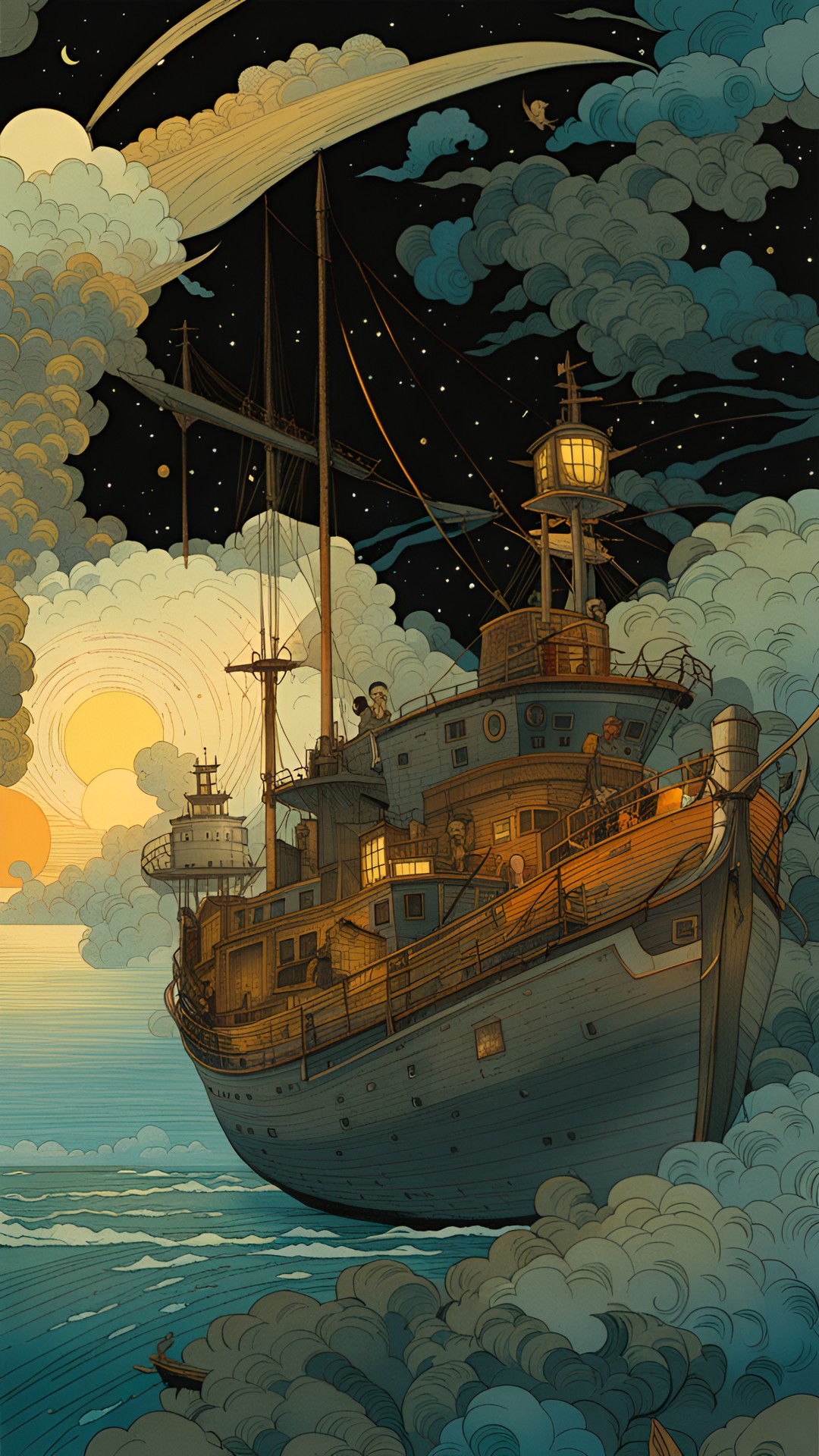 sailing bay by michael william kaluta & victto ngai ,close up to captain portrait,dark scene preview